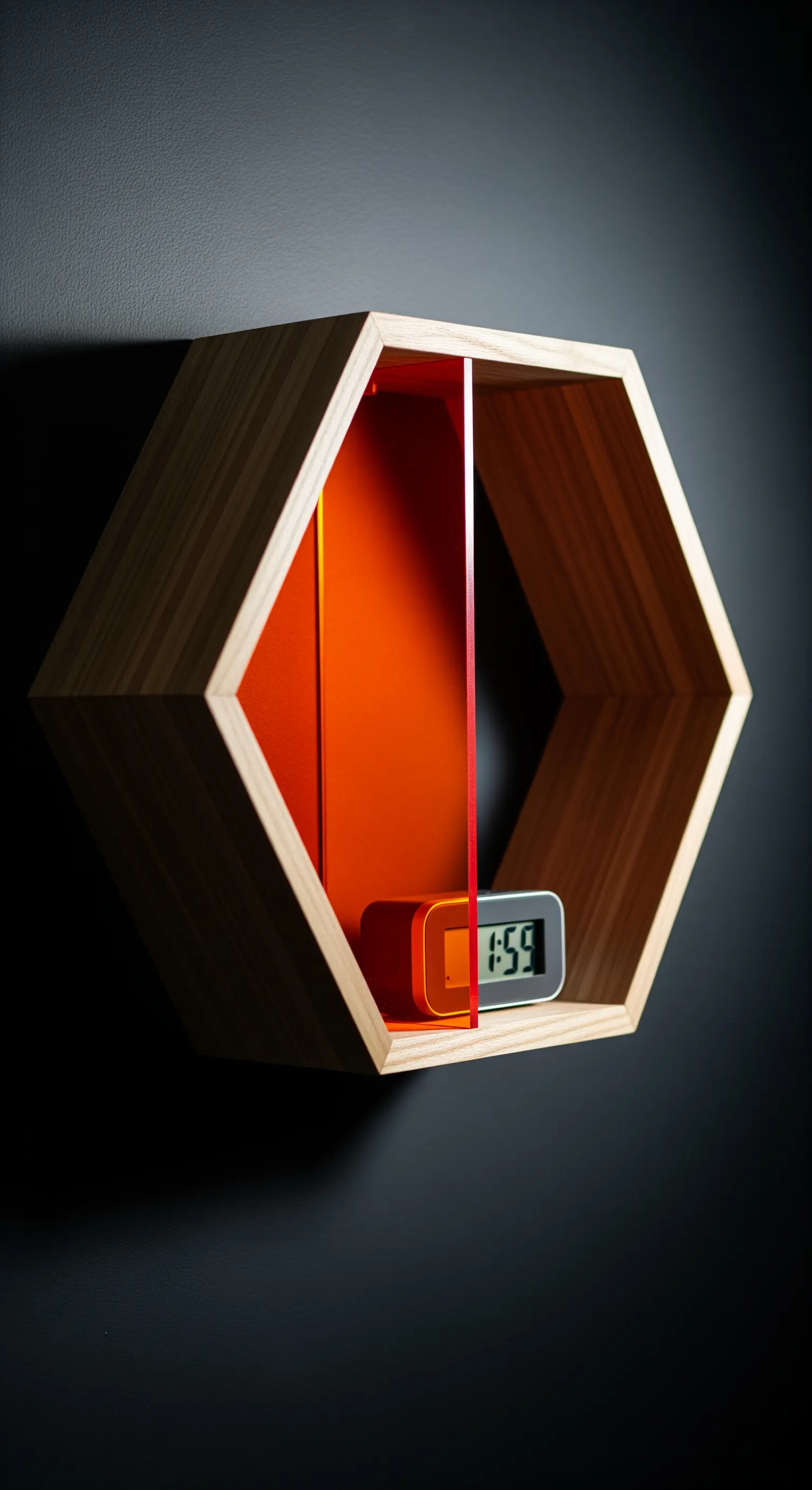 Mensola esagonale in legno con un divisorio in acrilico arancione su una parete scura.