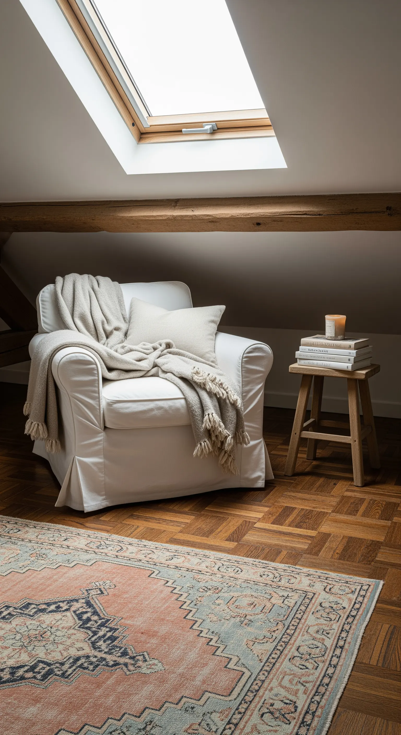 Poltrona bianca sfoderabile in una mansarda con travi in legno e tappeto kilim rosato.