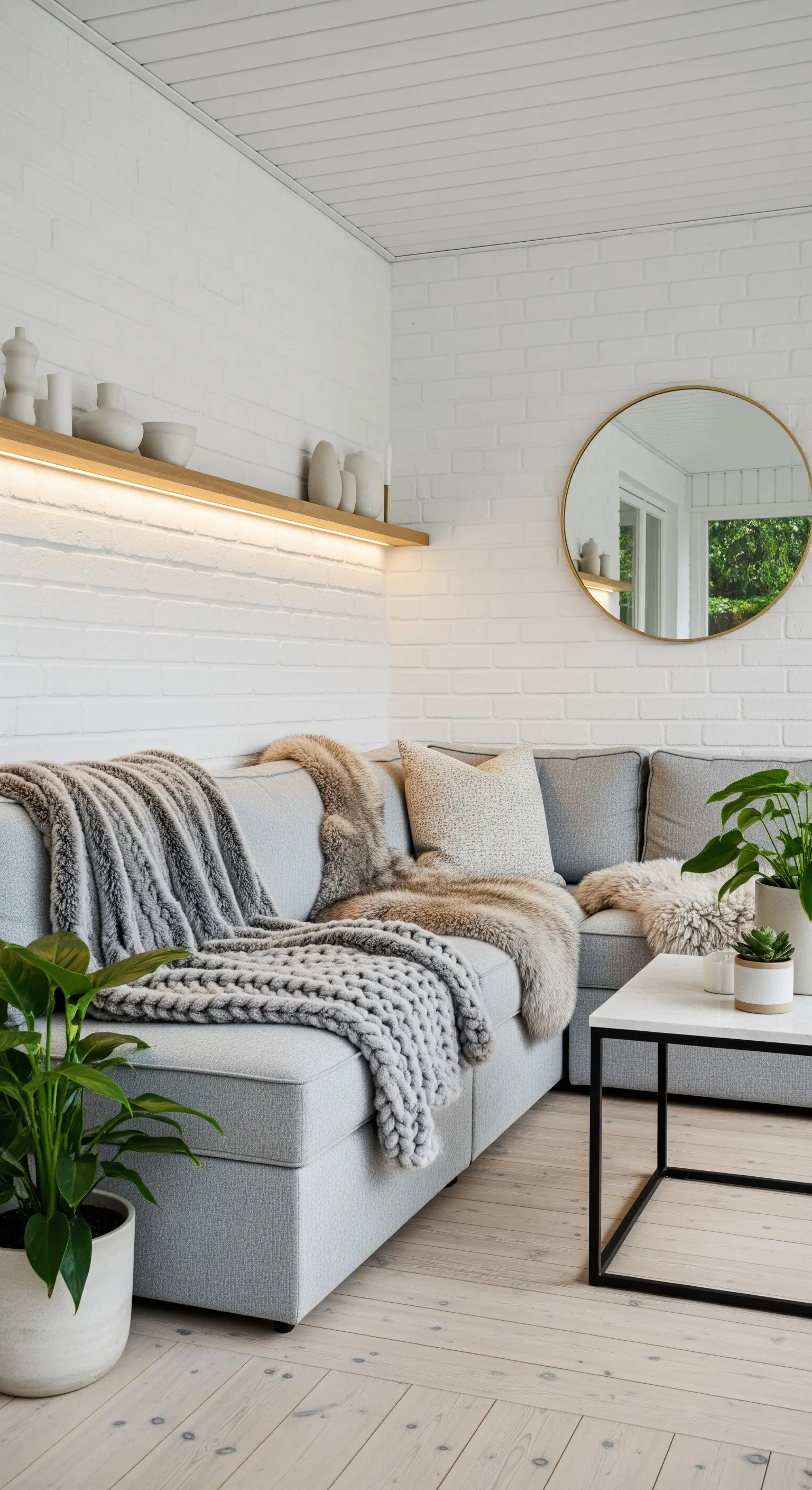 Portico in stile scandinavo con divano grigio, plaid morbidi e mensola illuminata a LED