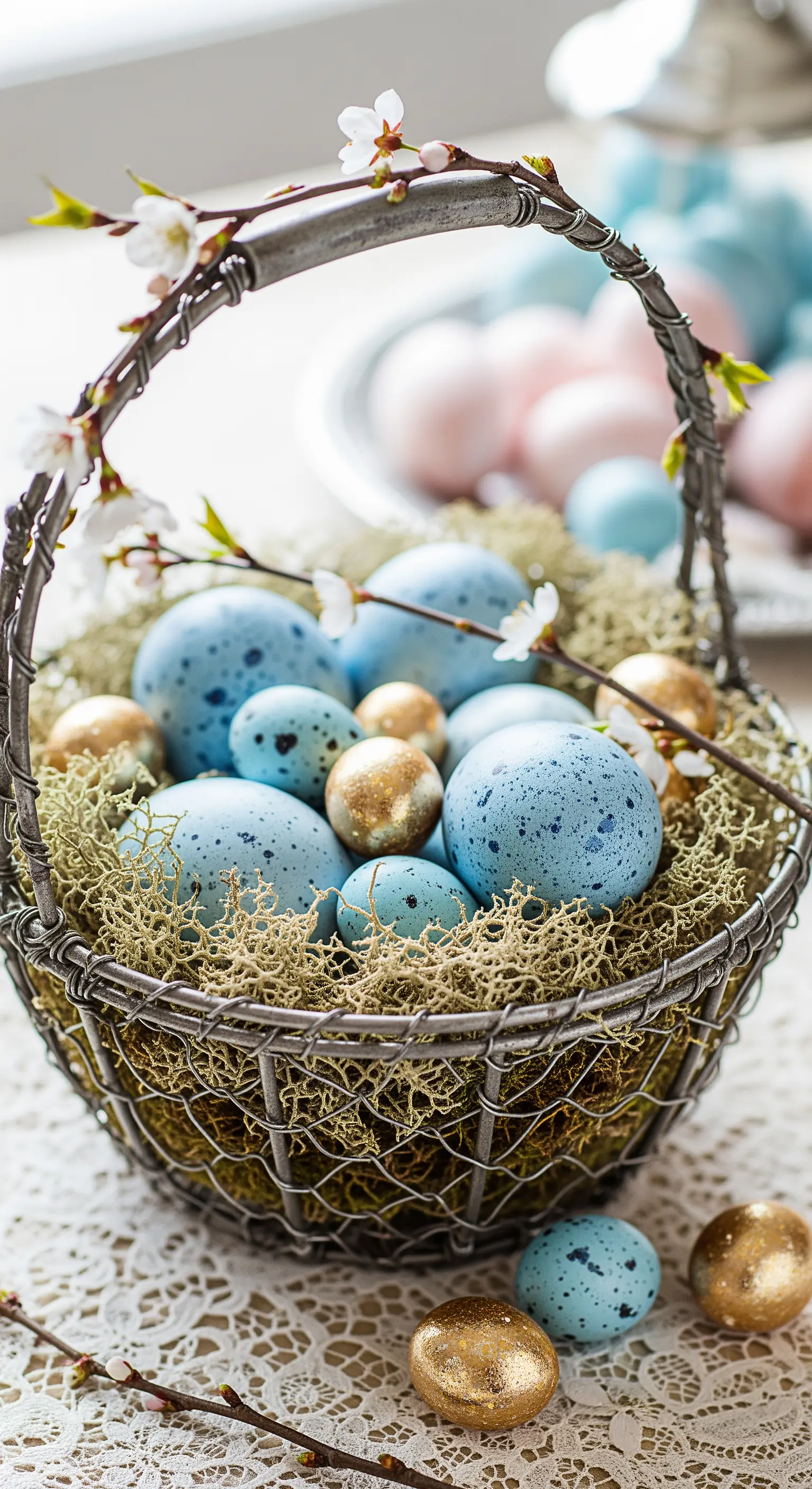 Cesto in fil di ferro con uova azzurre macchiettate, ovetti dorati e rami di fiori.
