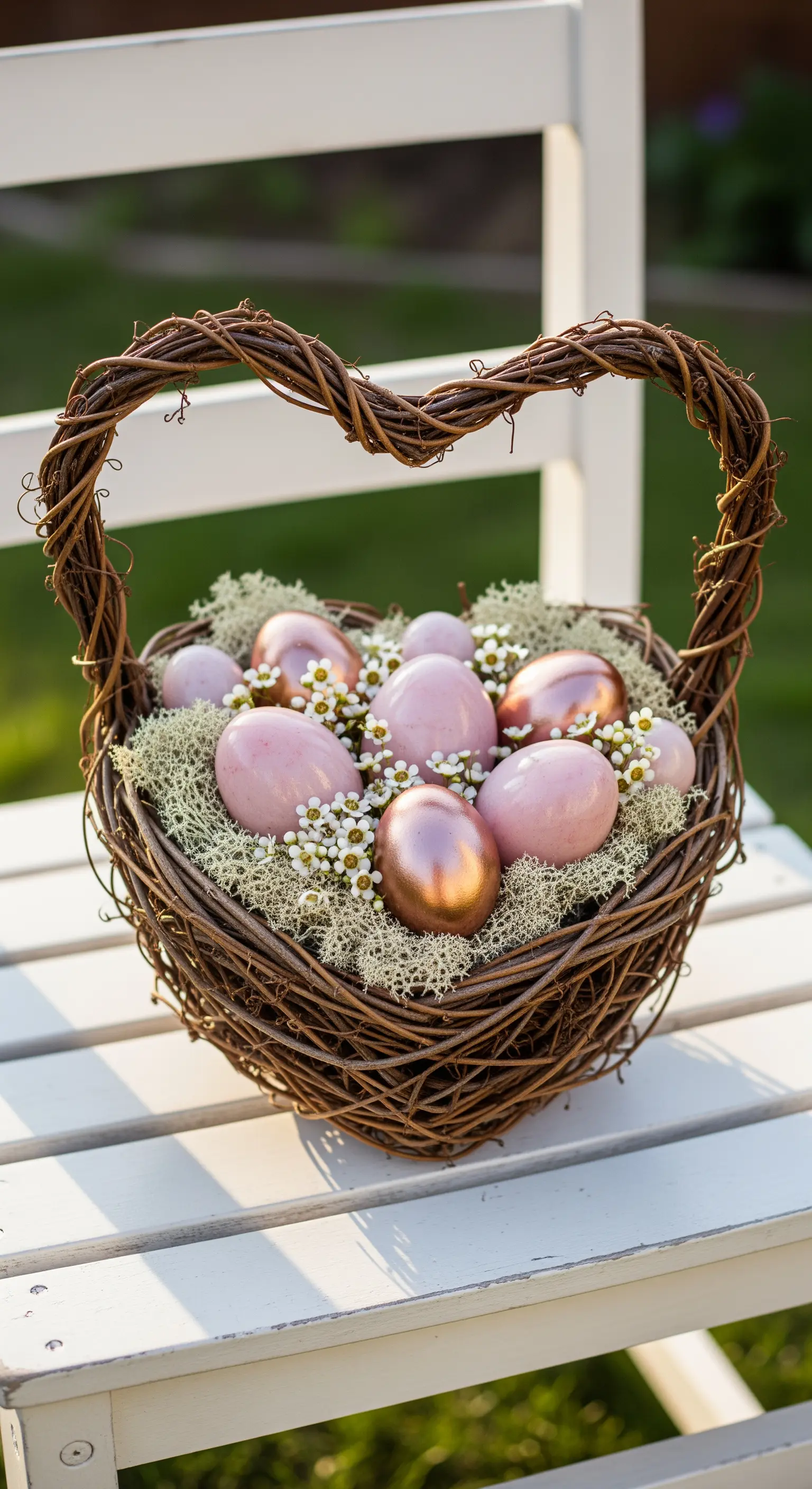 Cesto a forma di cuore con muschio, uova rosa e color rame, e piccoli fiori bianchi.