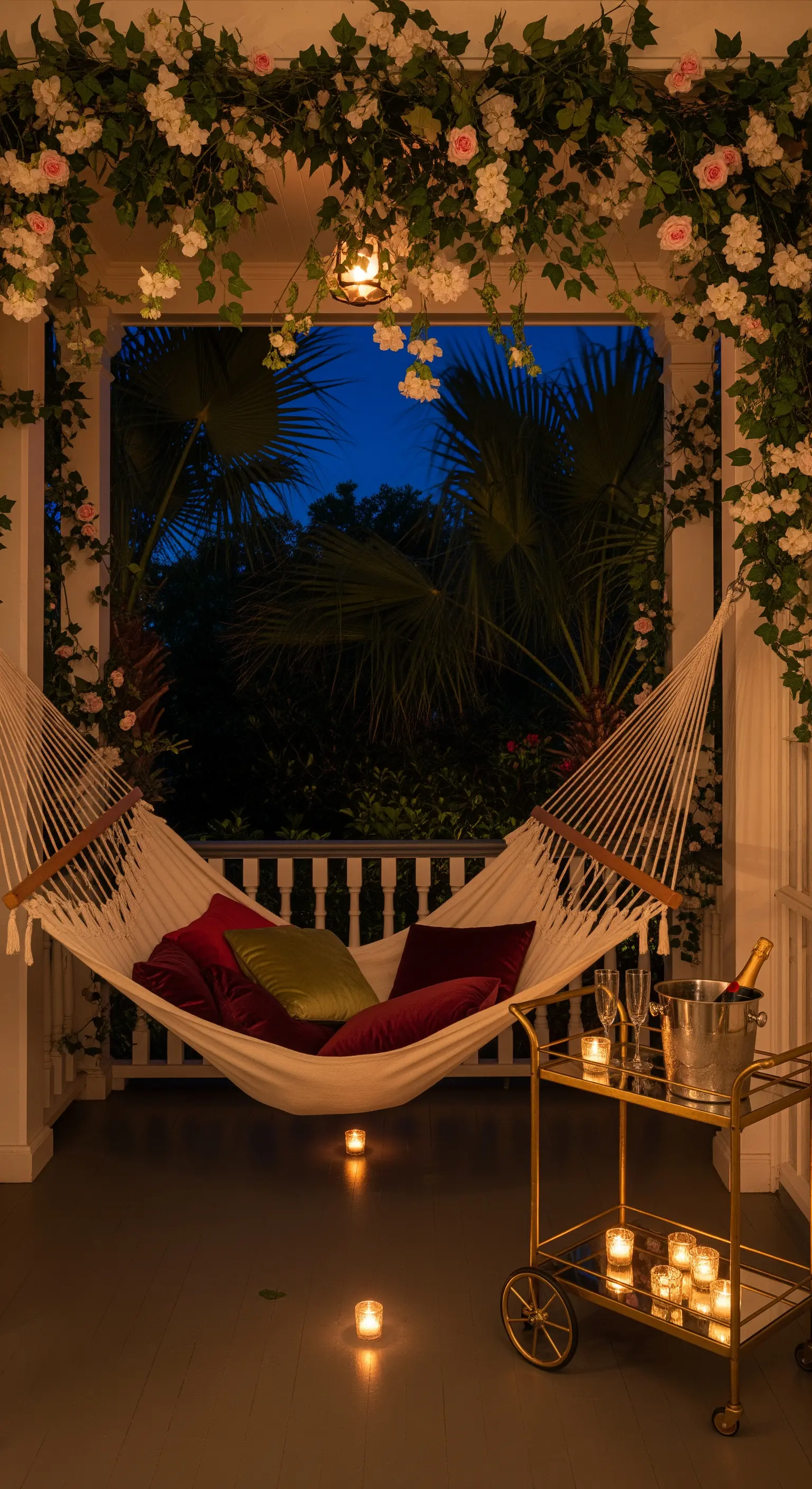 Amaca bianca con cuscini in velluto su un portico decorato con fiori e illuminato da candele