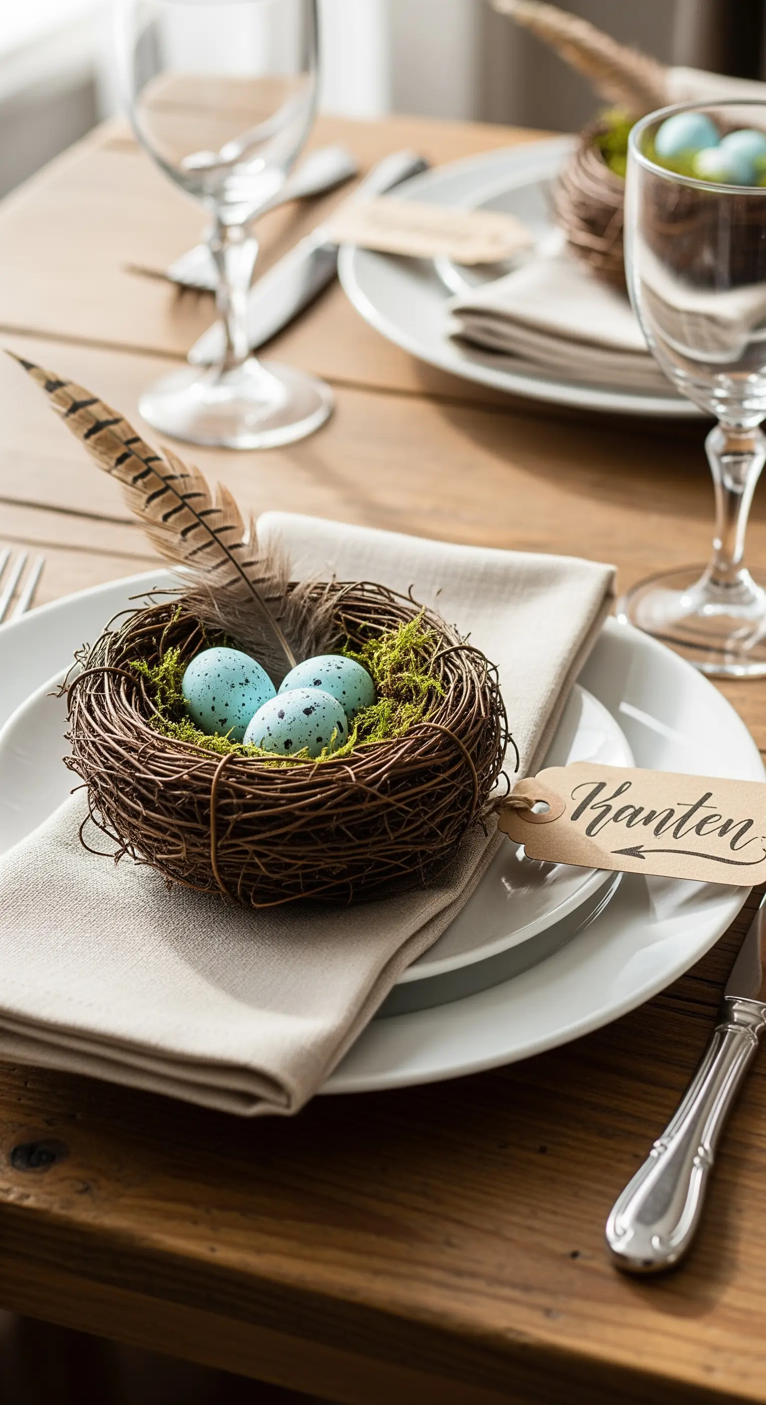 Segnaposto pasquale con nido, uova azzurre macchiate e una piuma.