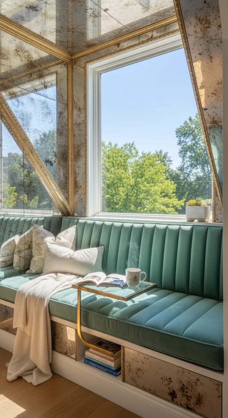 Panca in velluto verde in una nicchia rivestita di specchi anticati con cornici dorate.