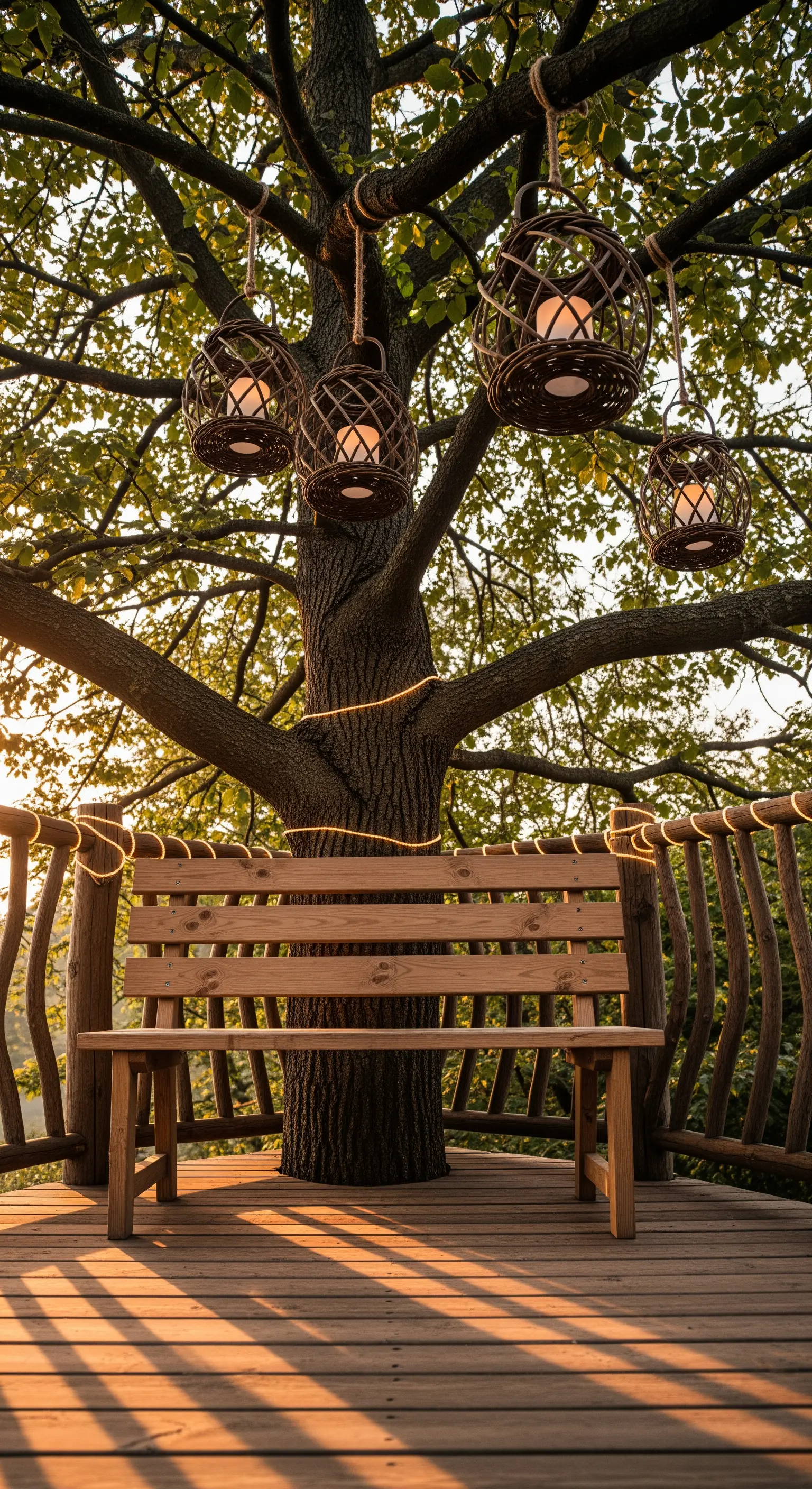 Terrazza in legno costruita attorno a un albero, con panca e lanterne in rattan sospese.