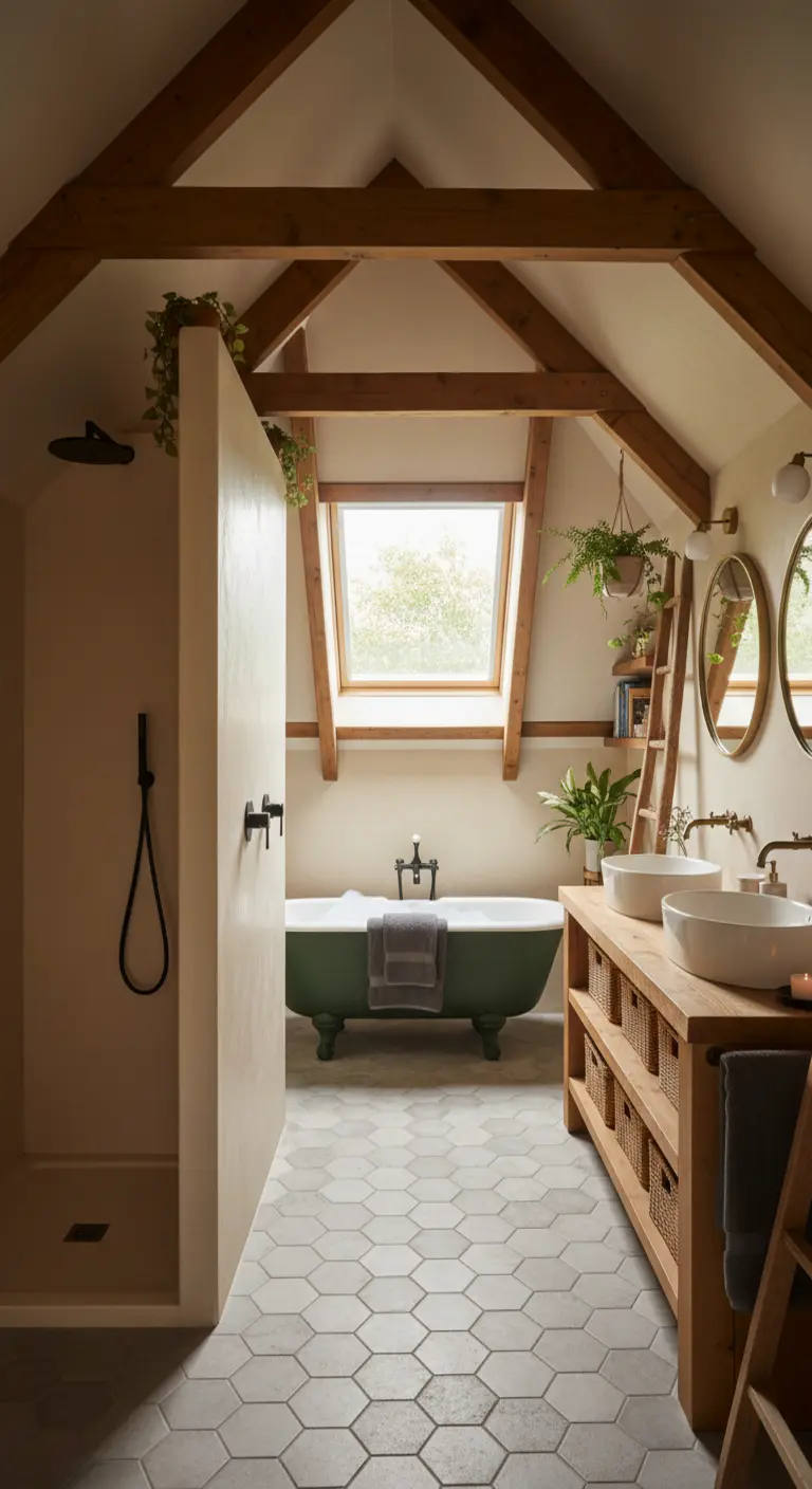 Bagno in mansarda con travi a vista, vasca verde, doppio lavabo in legno e piastrelle esagonali.