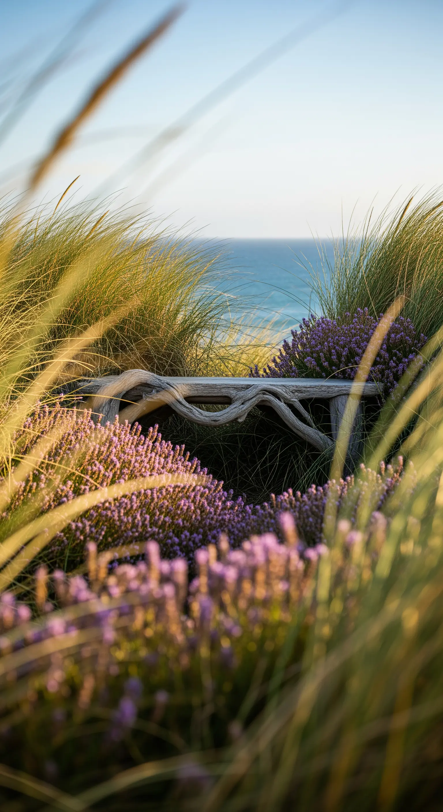 Panca in legno grezzo tra erbe alte e cespugli di erica viola, con il mare sullo sfondo.