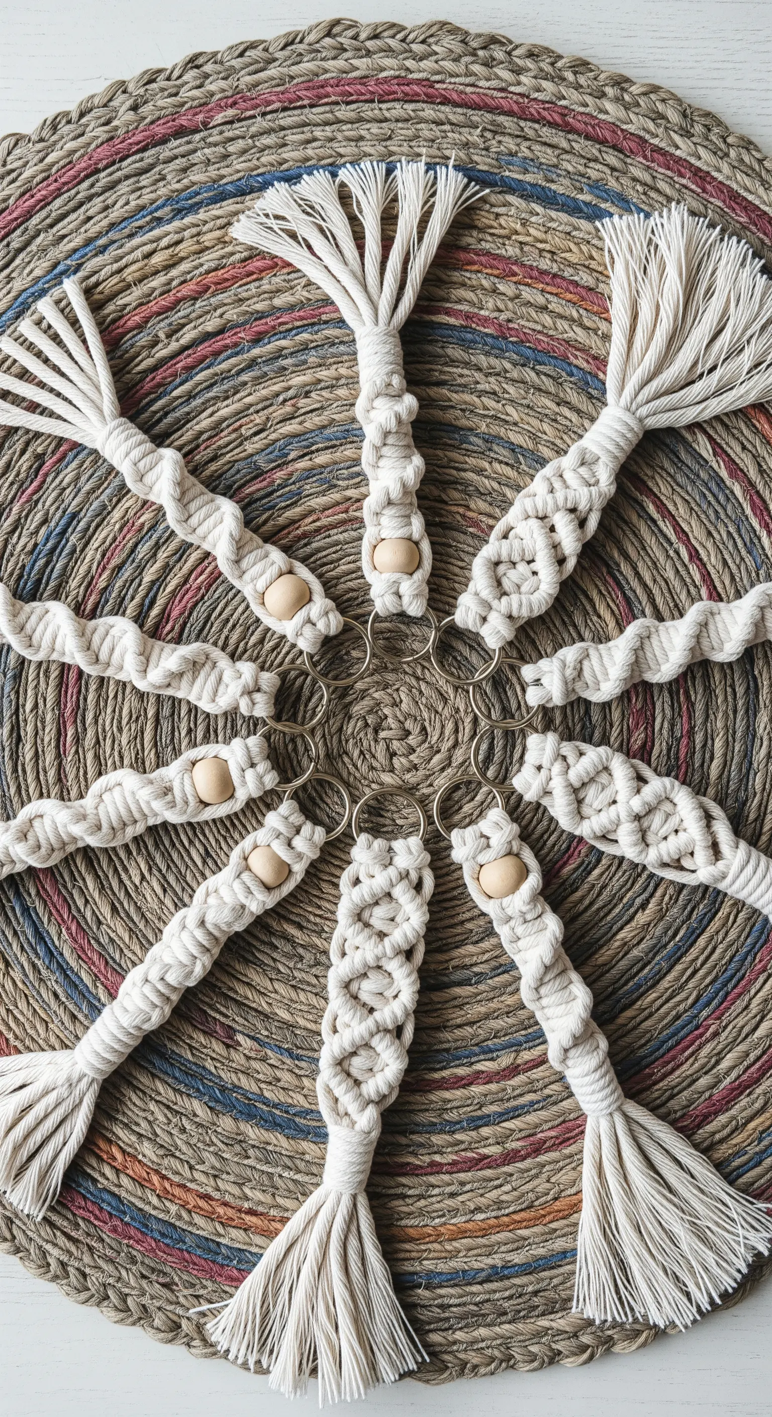 Portachiavi in macramè color corda disposti a cerchio su una tovaglietta