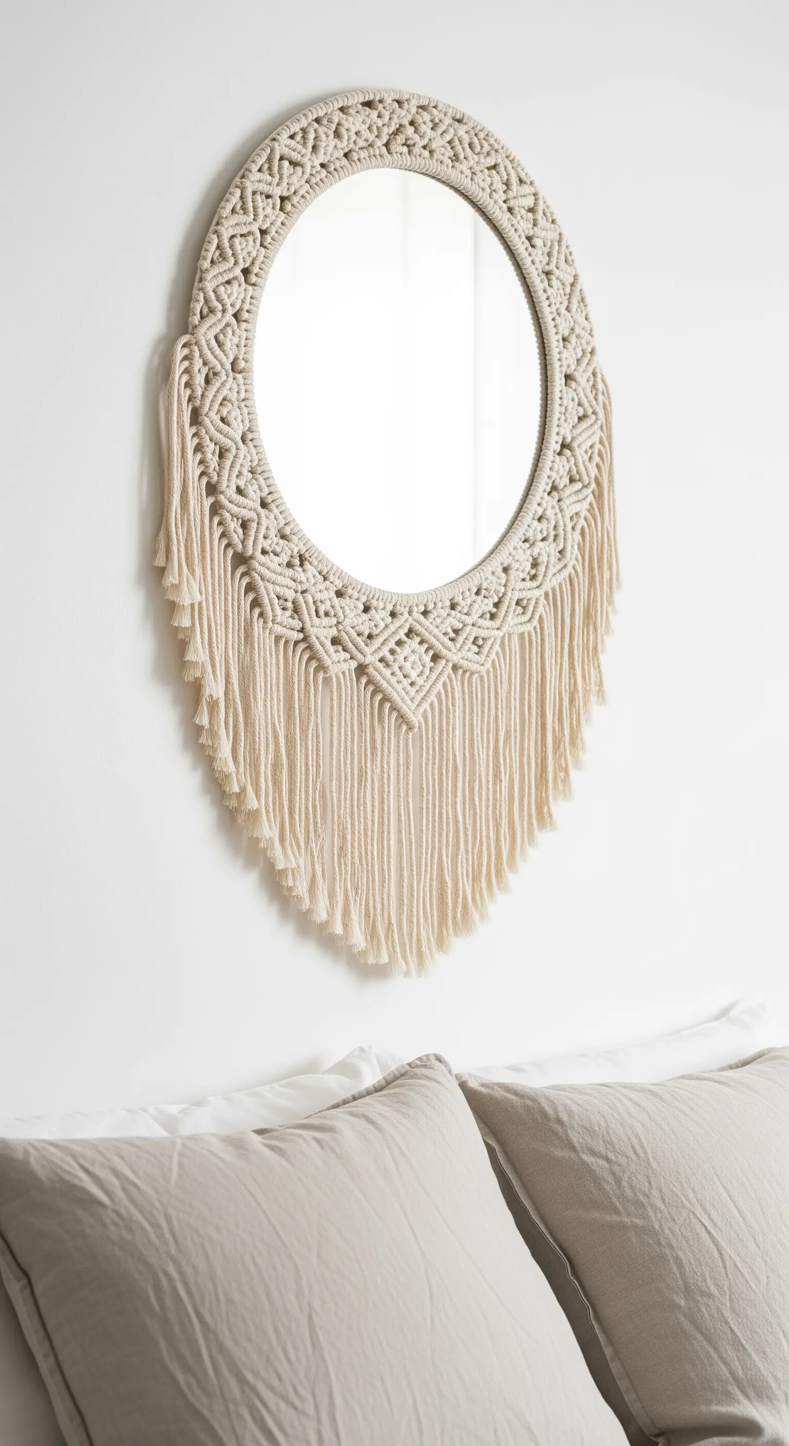 Specchio rotondo con cornice decorativa in macramè appeso sopra la testata di un letto.