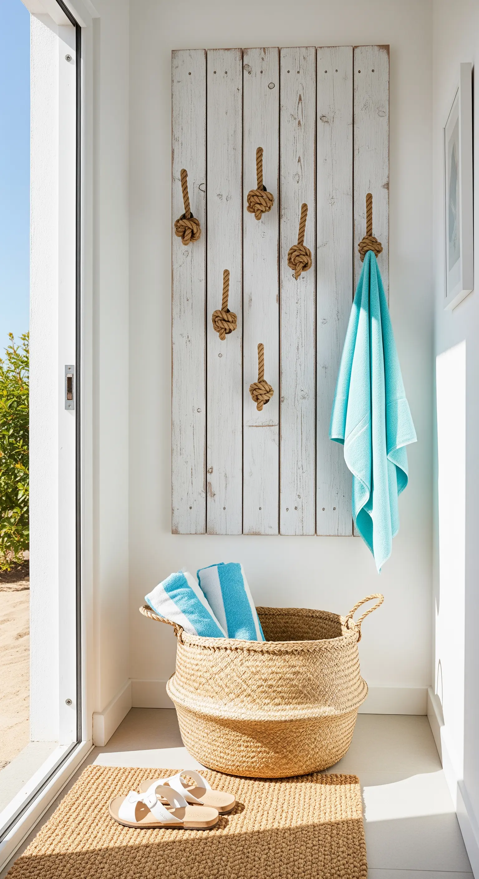 Pannello in legno sbiancato con ganci appendiabiti realizzati con nodi di corda.