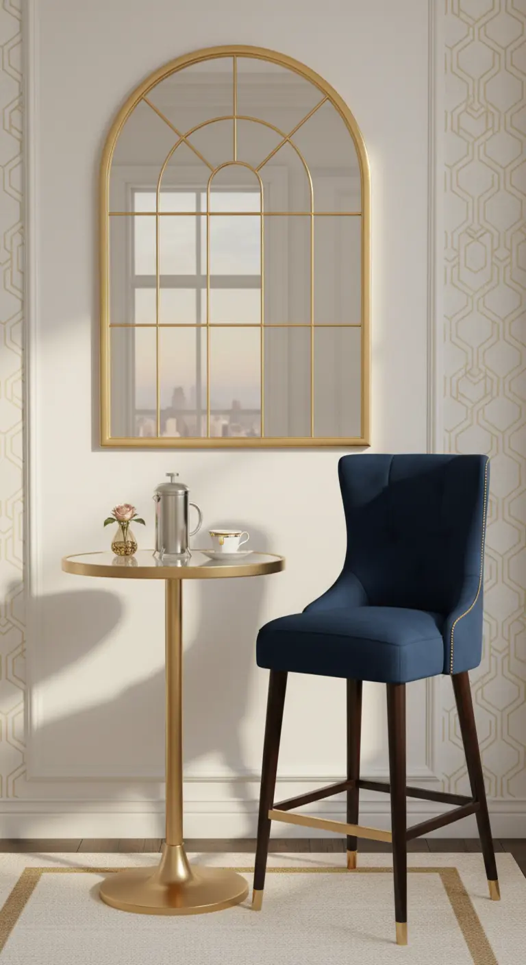 Angolo caffè con specchio a forma di finestra dorata e sedia alta in velluto blu.