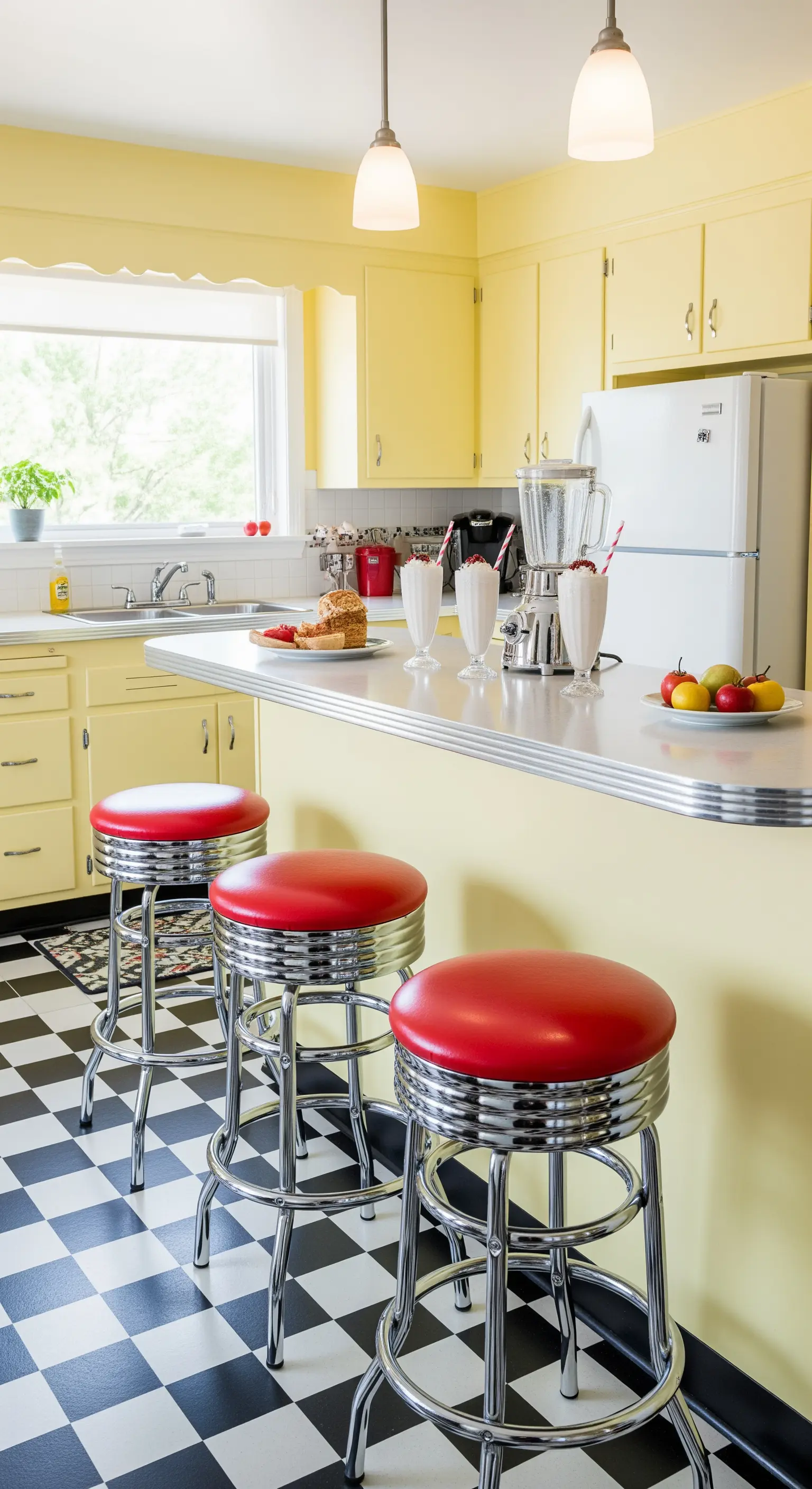 Cucina in stile diner anni '50 con pavimento a scacchi e sgabelli rossi in vinile.