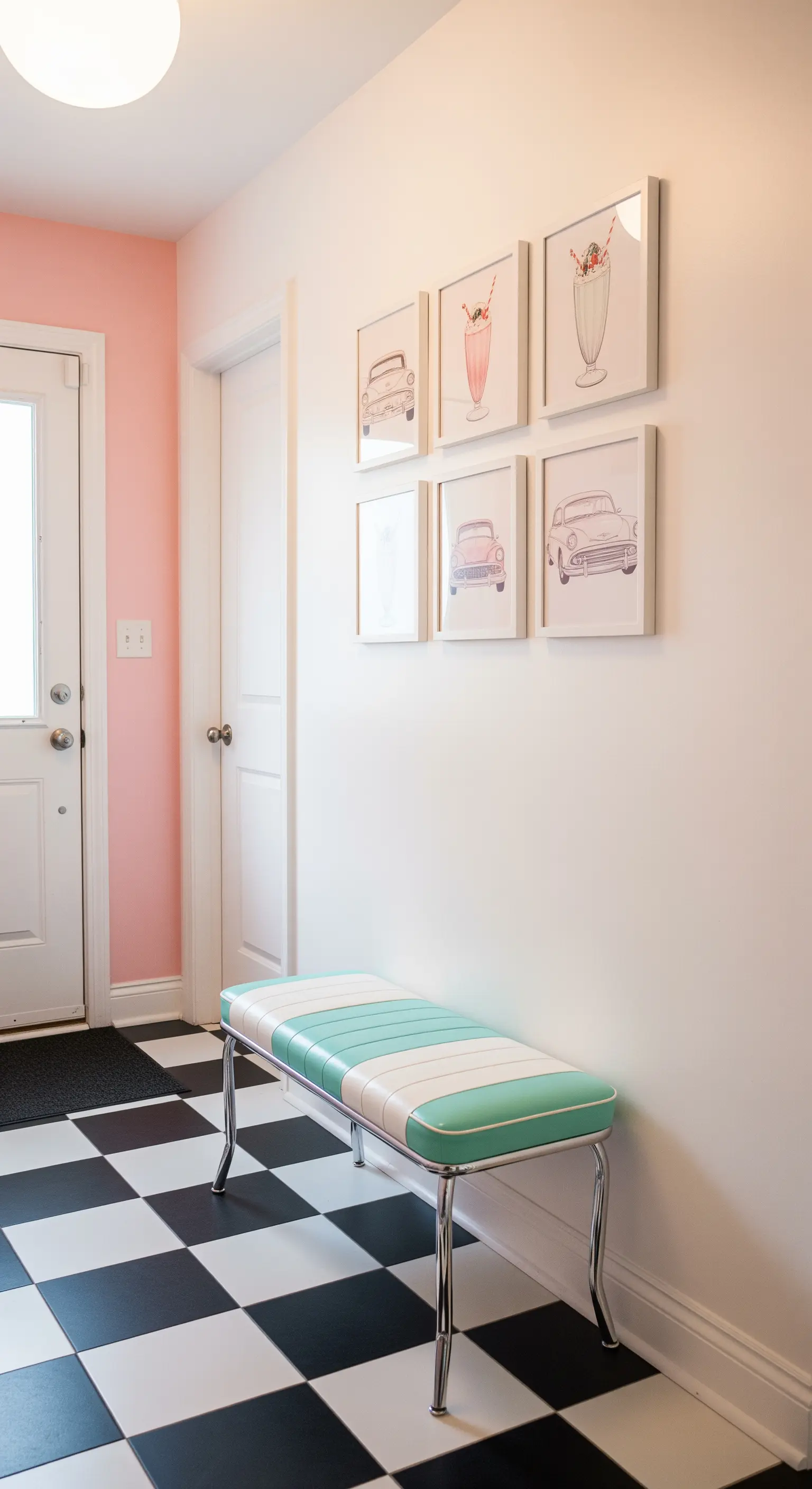 Ingresso con pavimento a scacchi, panca bicolore in stile diner e stampe retrò.