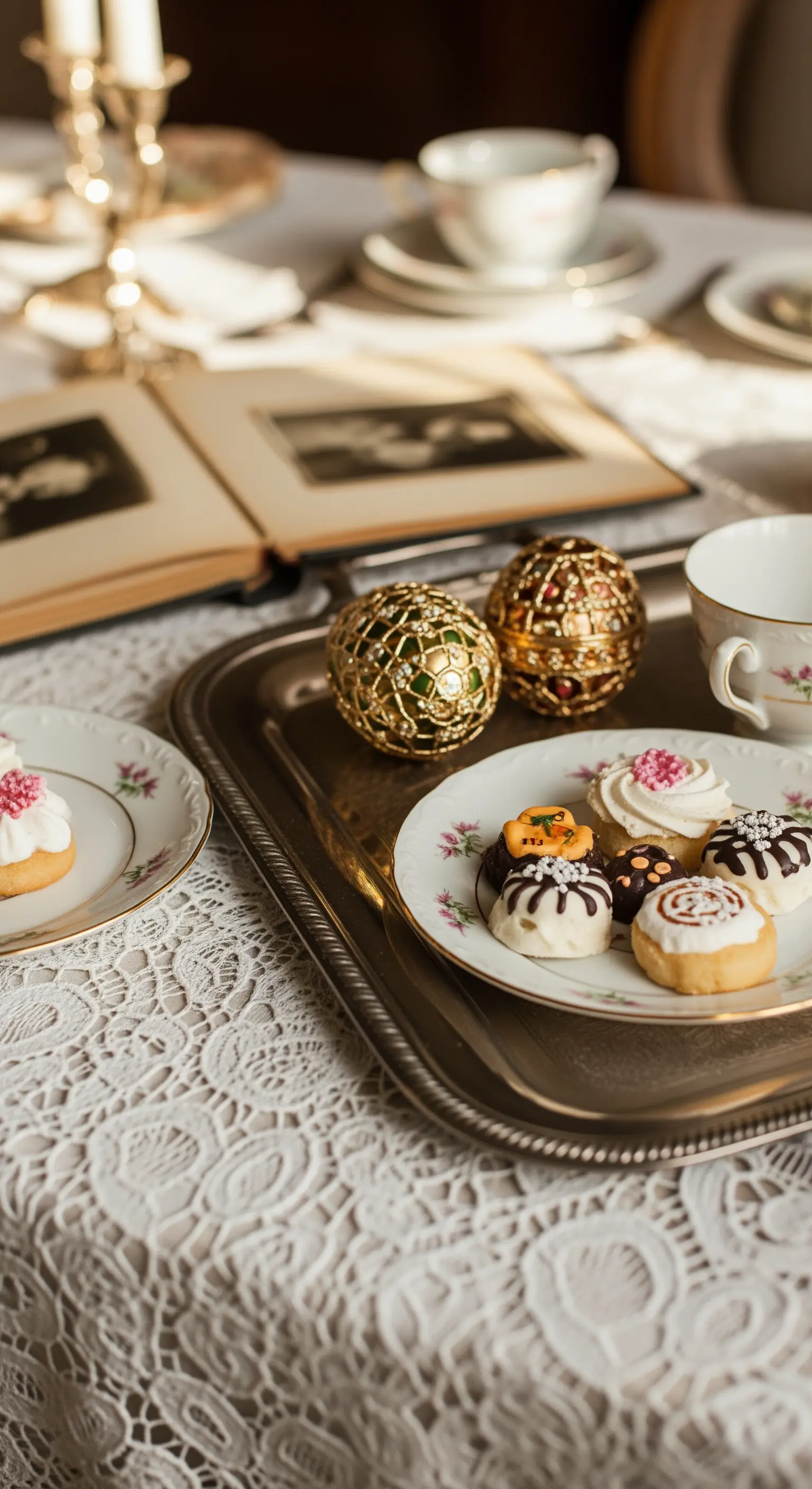 Dettaglio di un tavolo da picnic con tovaglia di pizzo, vassoio d'argento e uova decorate in oro.