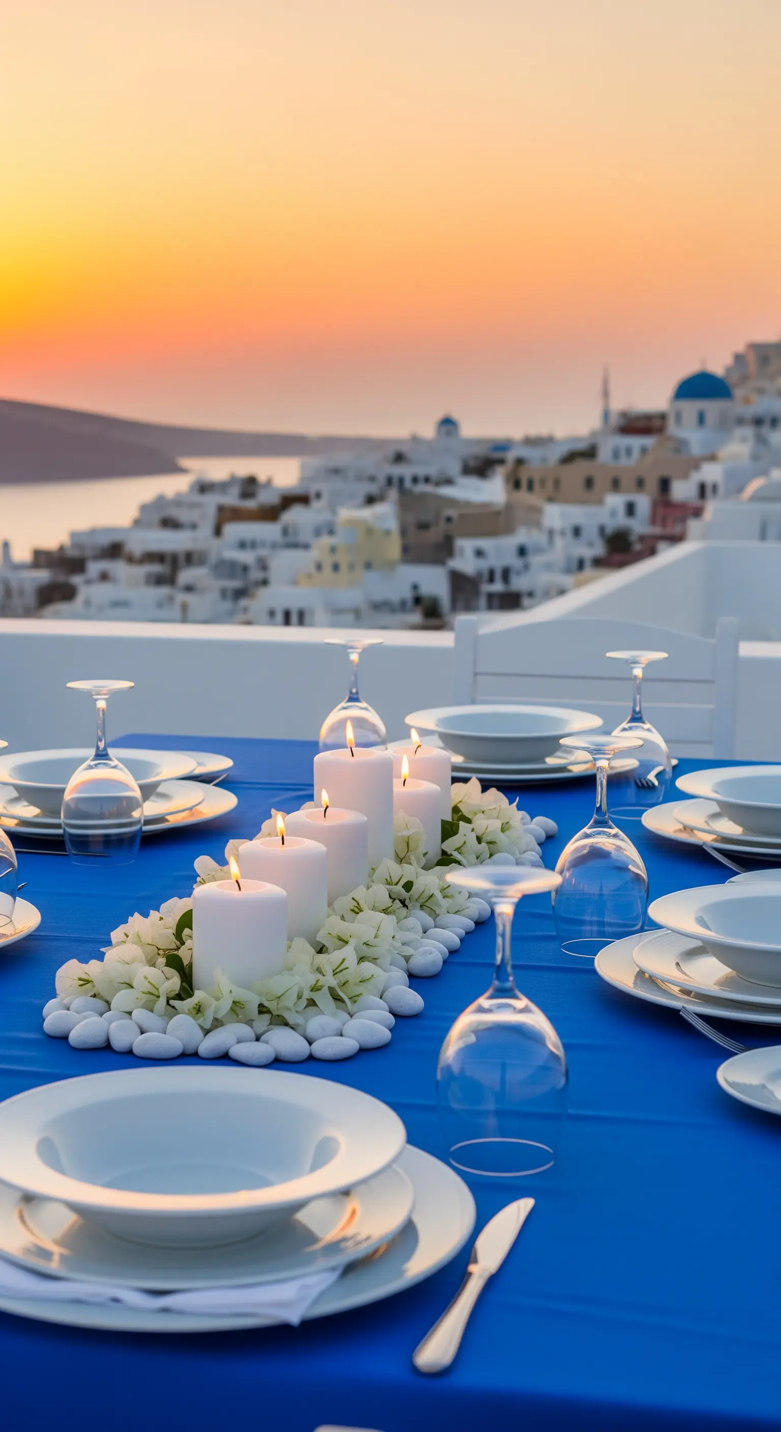 Tavola a Santorini con tovaglia blu cobalto e centrotavola di candele e sassi bianchi.