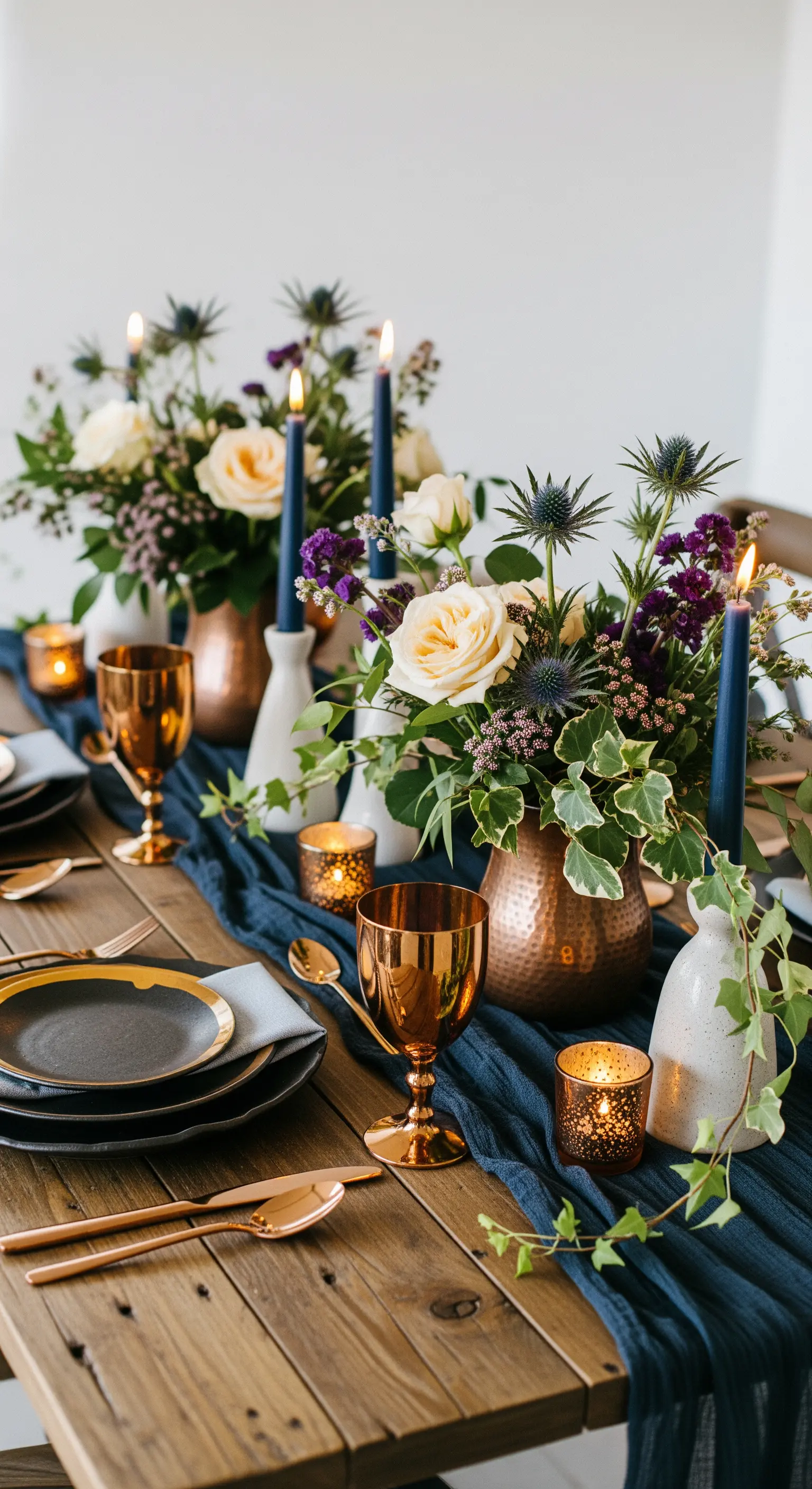 Tavola in legno con runner blu, calici in rame, candele e fiori bianchi e viola.