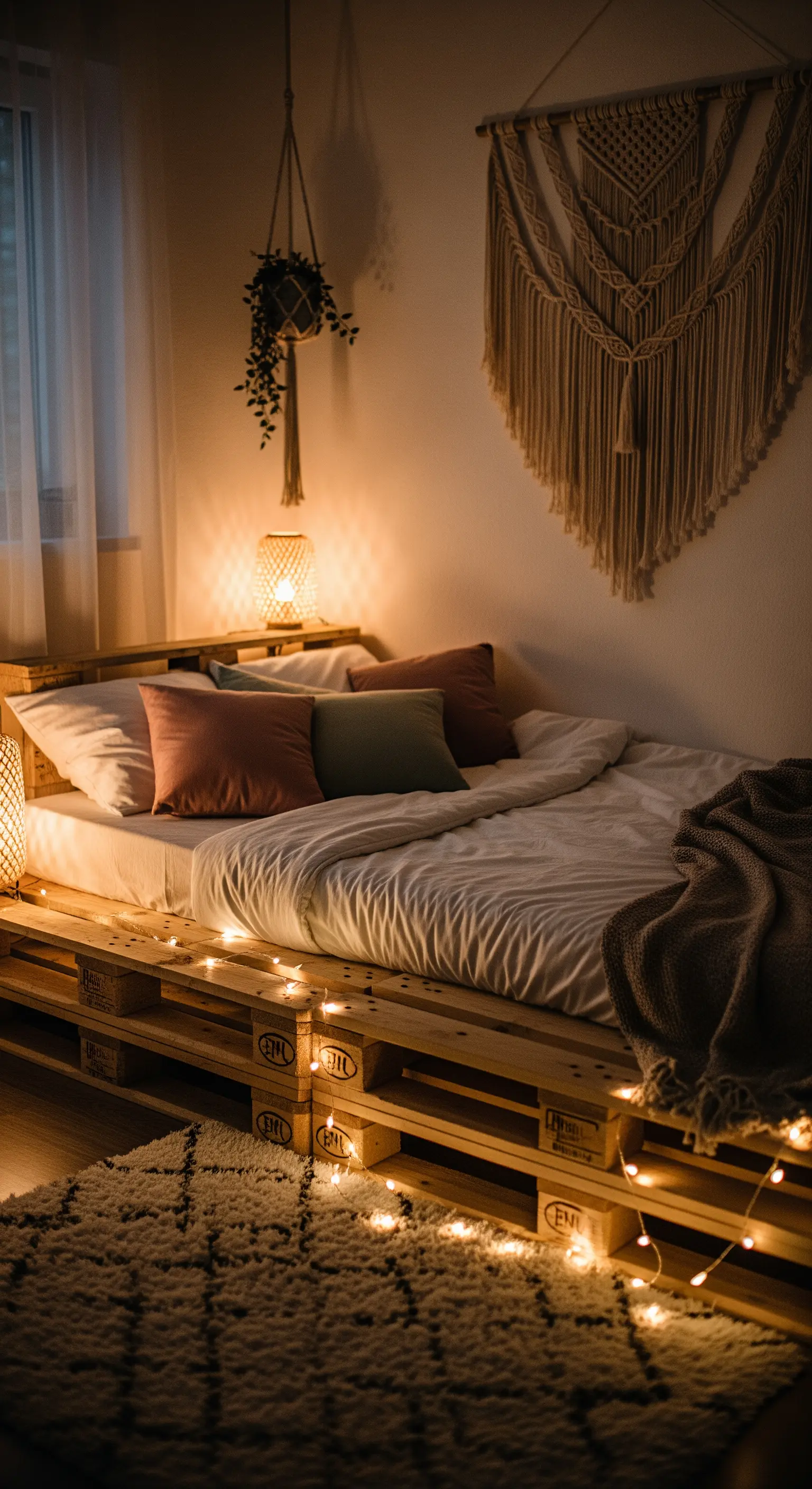Letto basso in pallet di legno naturale decorato con una catena di luci calde.