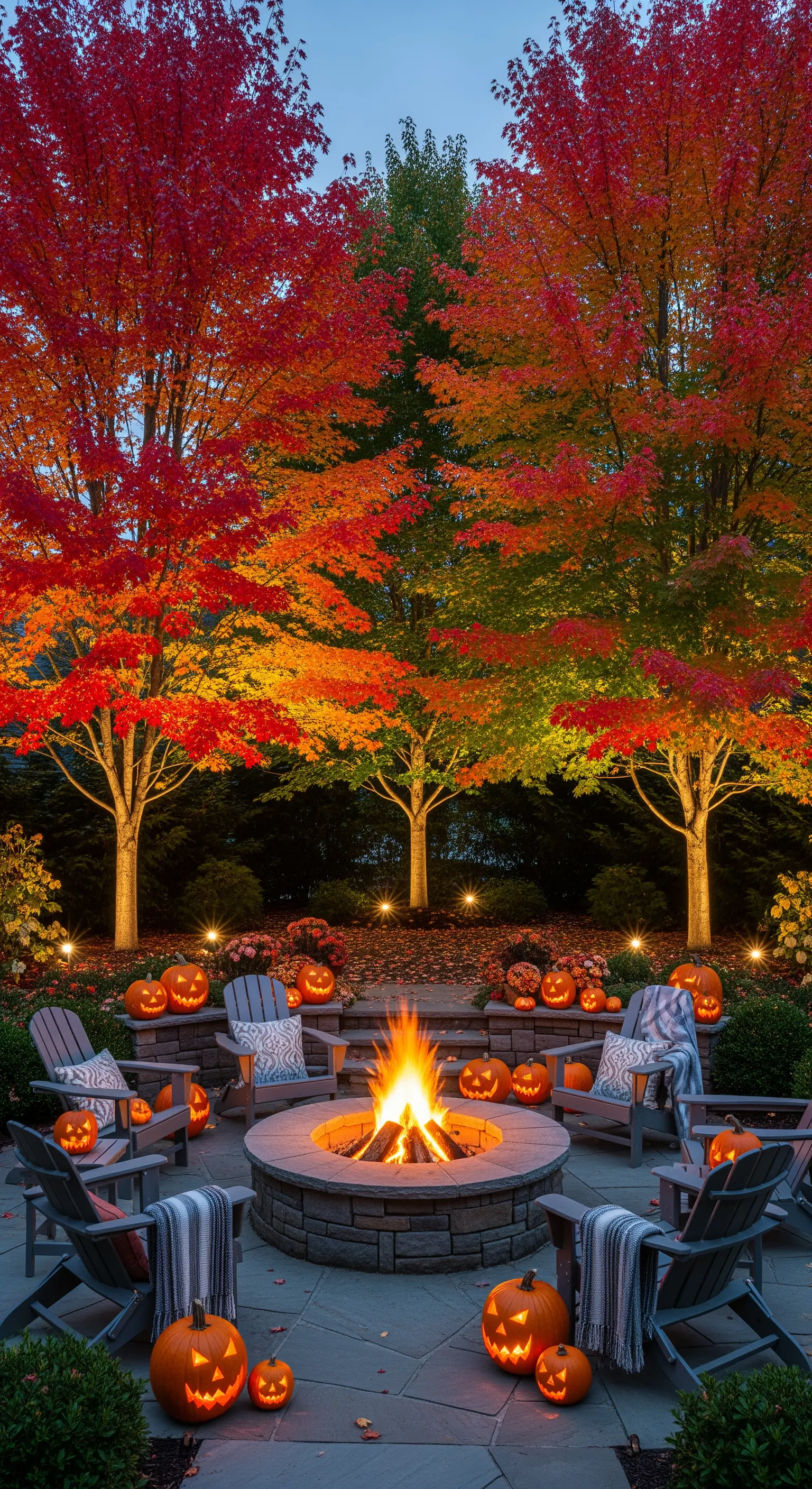 Braciere in pietra circondato da sedie Adirondack, con zucche intagliate e alberi autunnali illuminati.