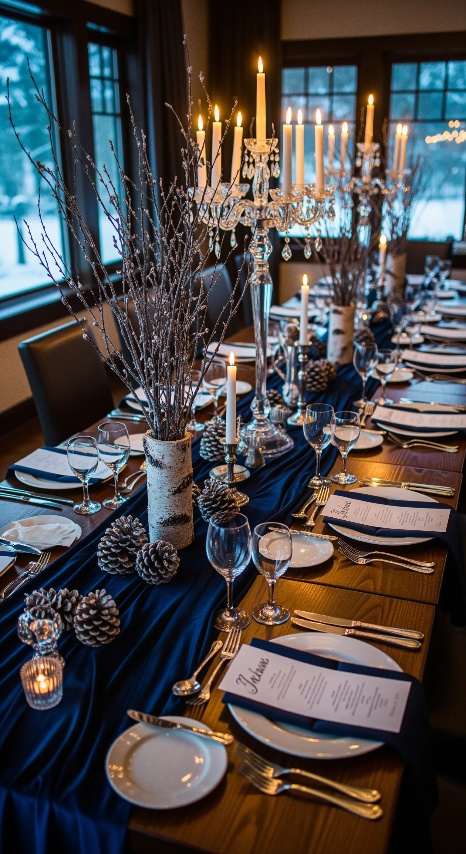 Tavola invernale con runner blu, candelabri, pigne e centrotavola in corteccia di betulla.