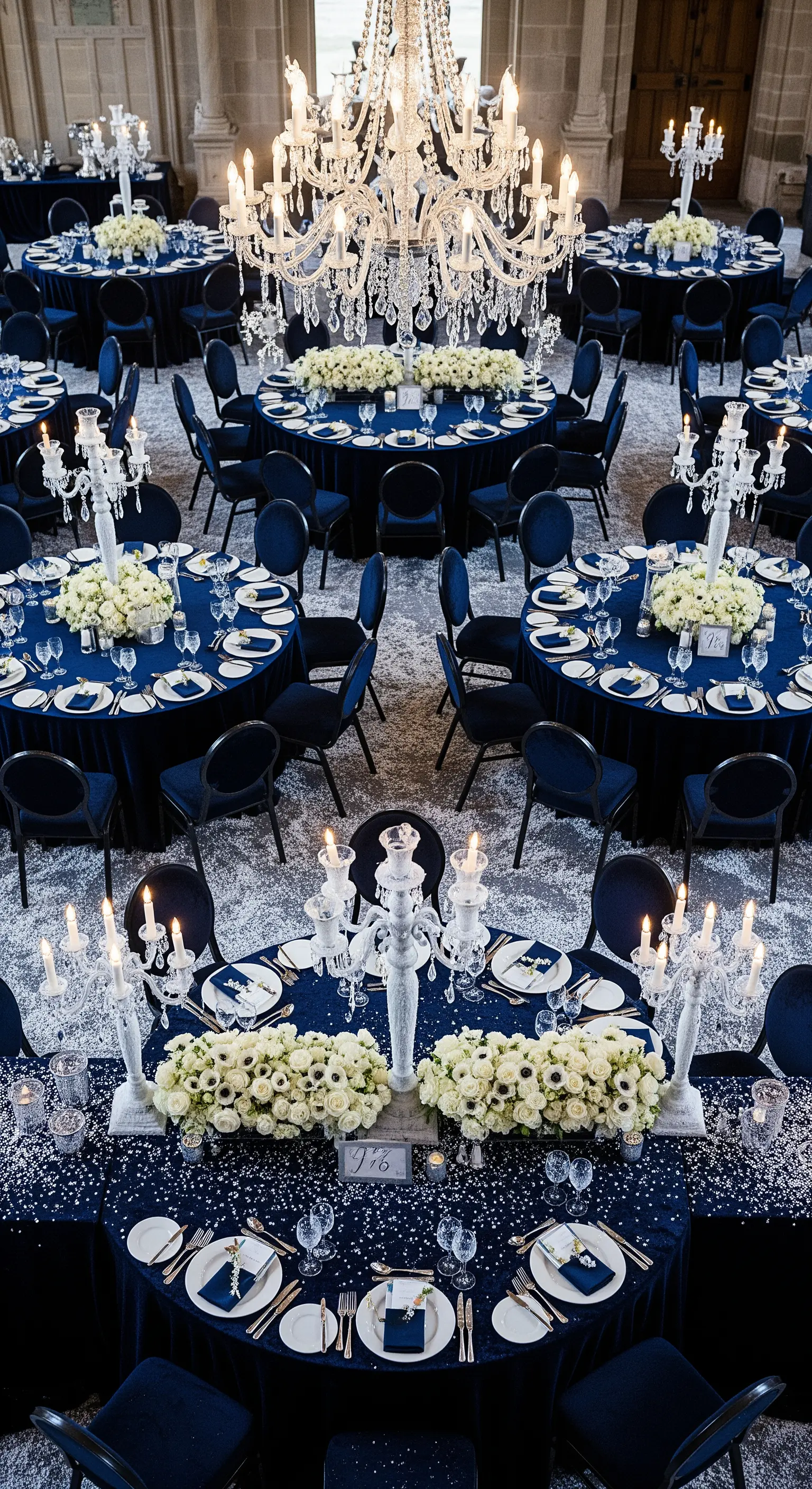 Tavoli da cerimonia con tovaglie blu notte, candelabri bianchi e neve artificiale.