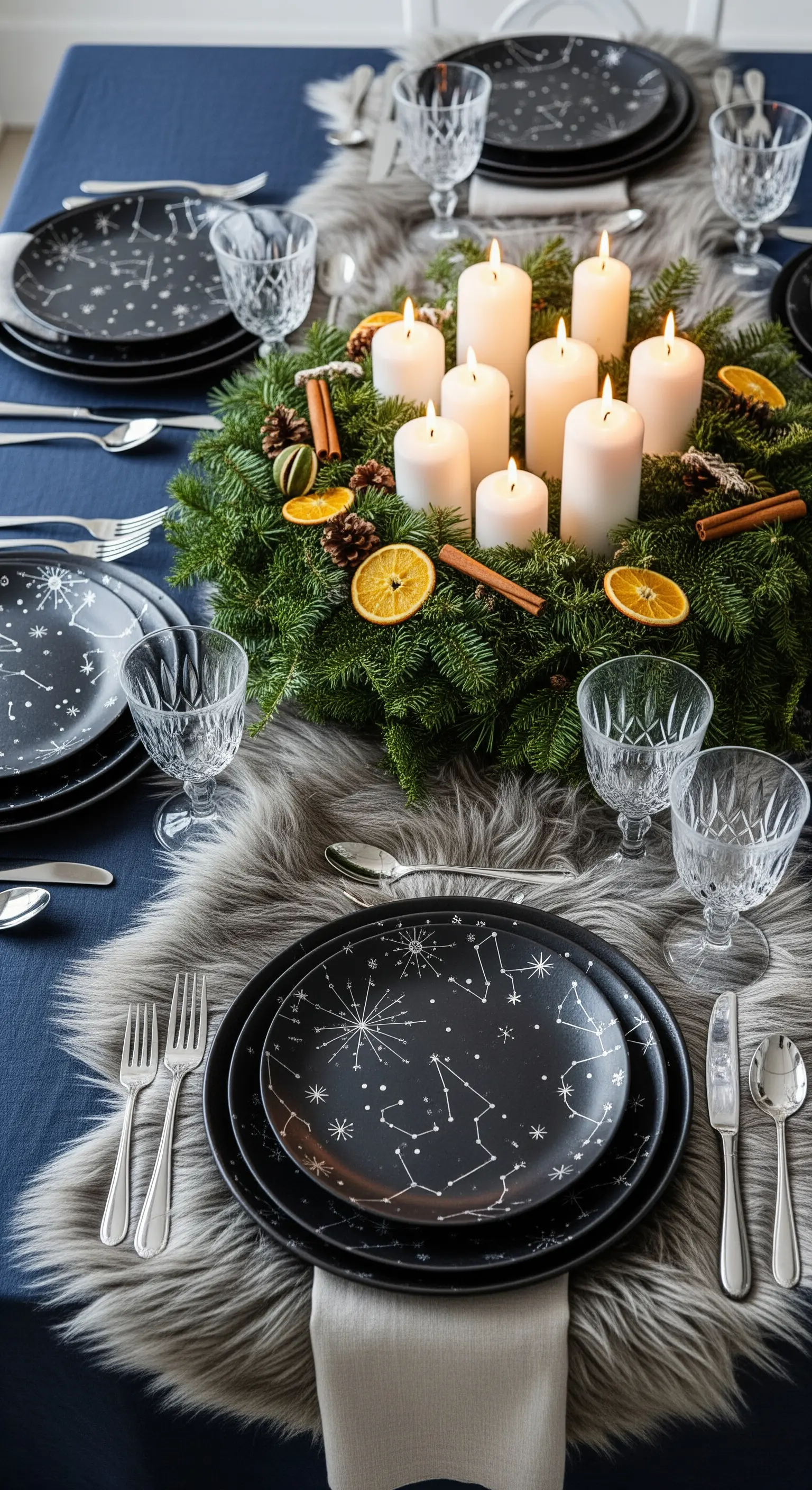 Tavola invernale con runner in pelliccia sintetica, ghirlanda di pino e piatti con costellazioni