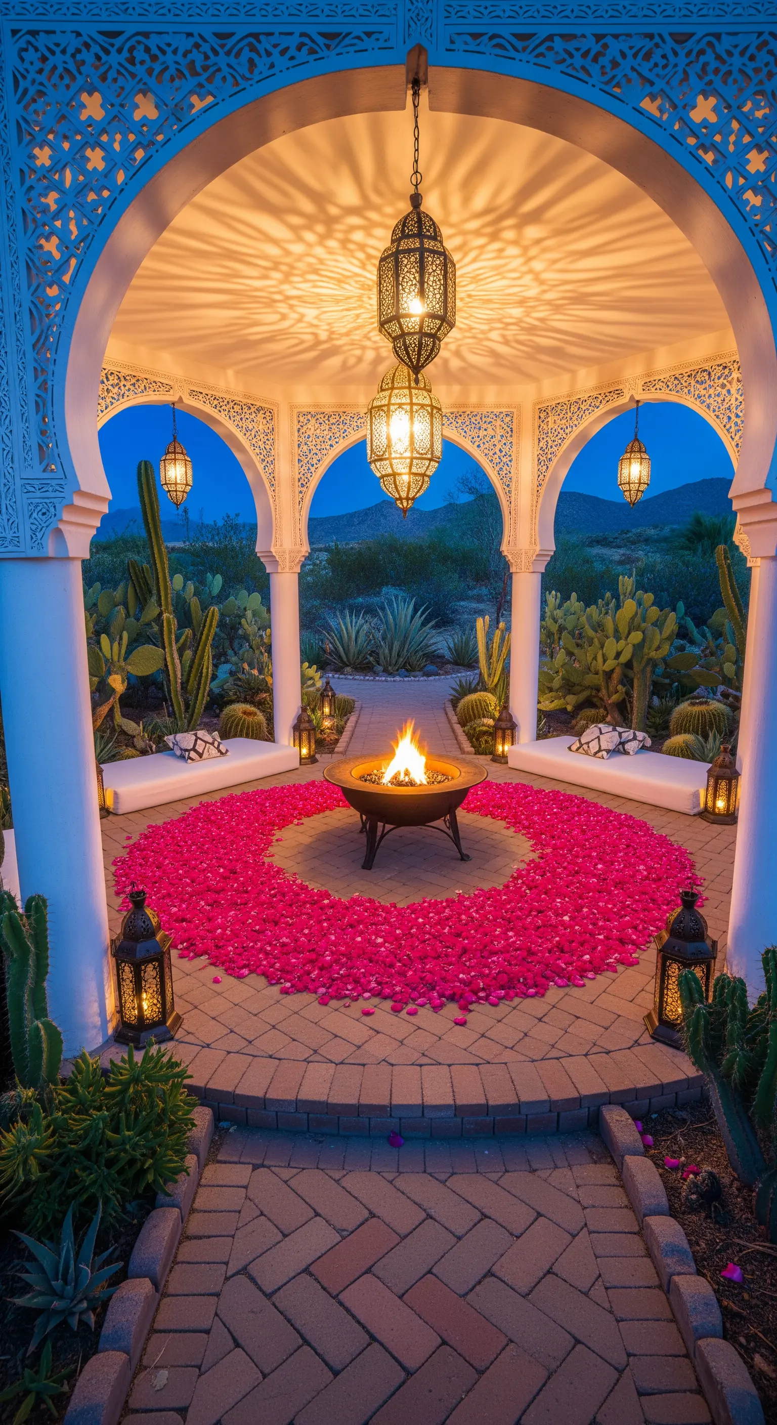 Gazebo in stile marocchino con braciere, lanterne e un cerchio di petali di rosa.