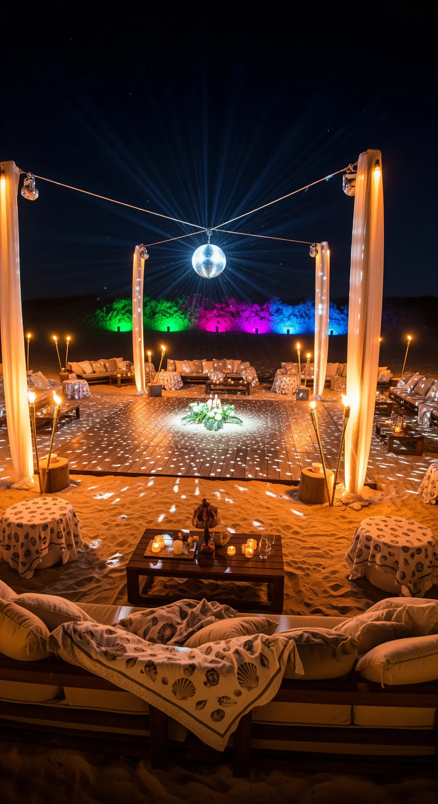 Festa notturna sulla spiaggia con pista da ballo in legno, disco ball e luci colorate.
