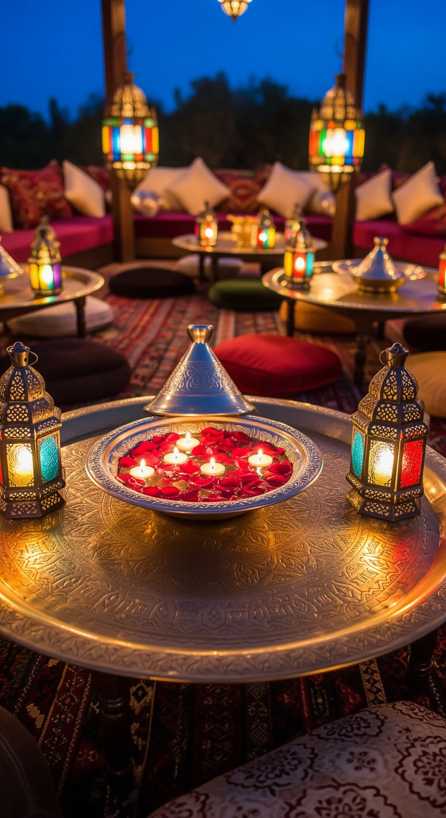 Ambiente marocchino con lanterne in metallo traforato, tappeti e cuscini.