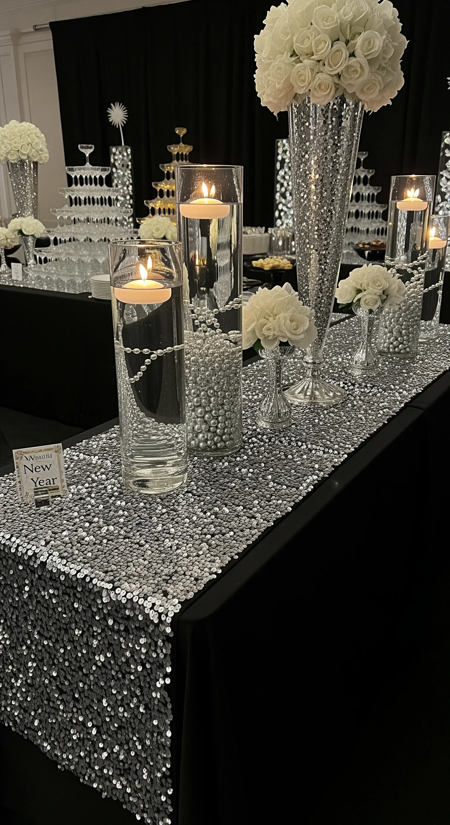 Runner di paillettes argento con alti vasi di vetro pieni d'acqua, perle e candele galleggianti.