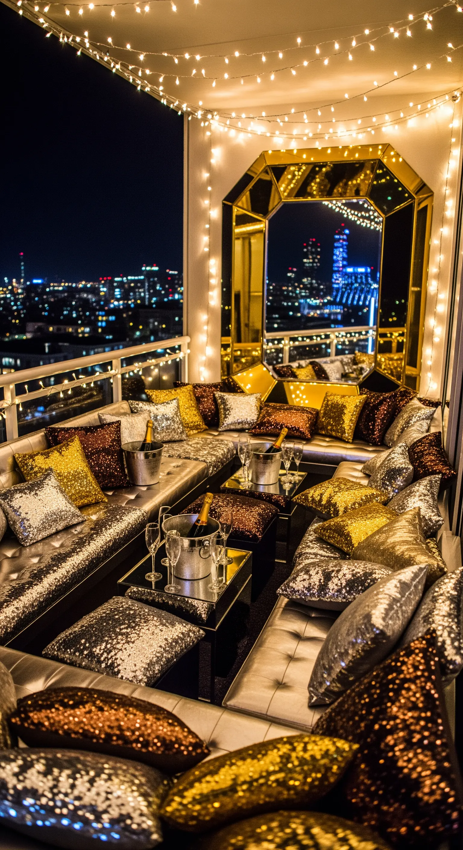 Balcone allestito per una festa con divani, cuscini di paillettes, luci e champagne.