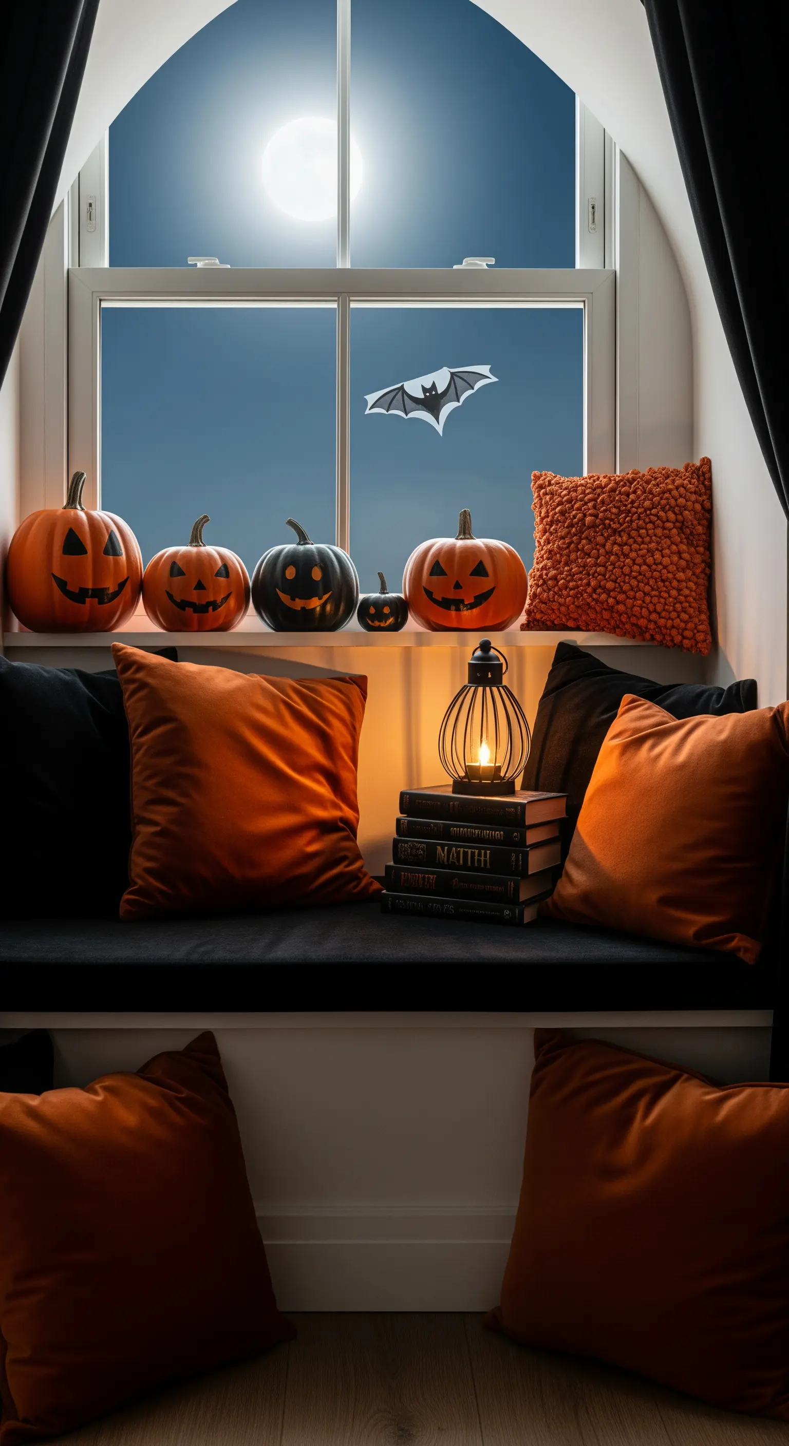 Davanzale con cuscini arancioni, zucche intagliate e una lanterna, con la luna piena fuori dalla finestra.