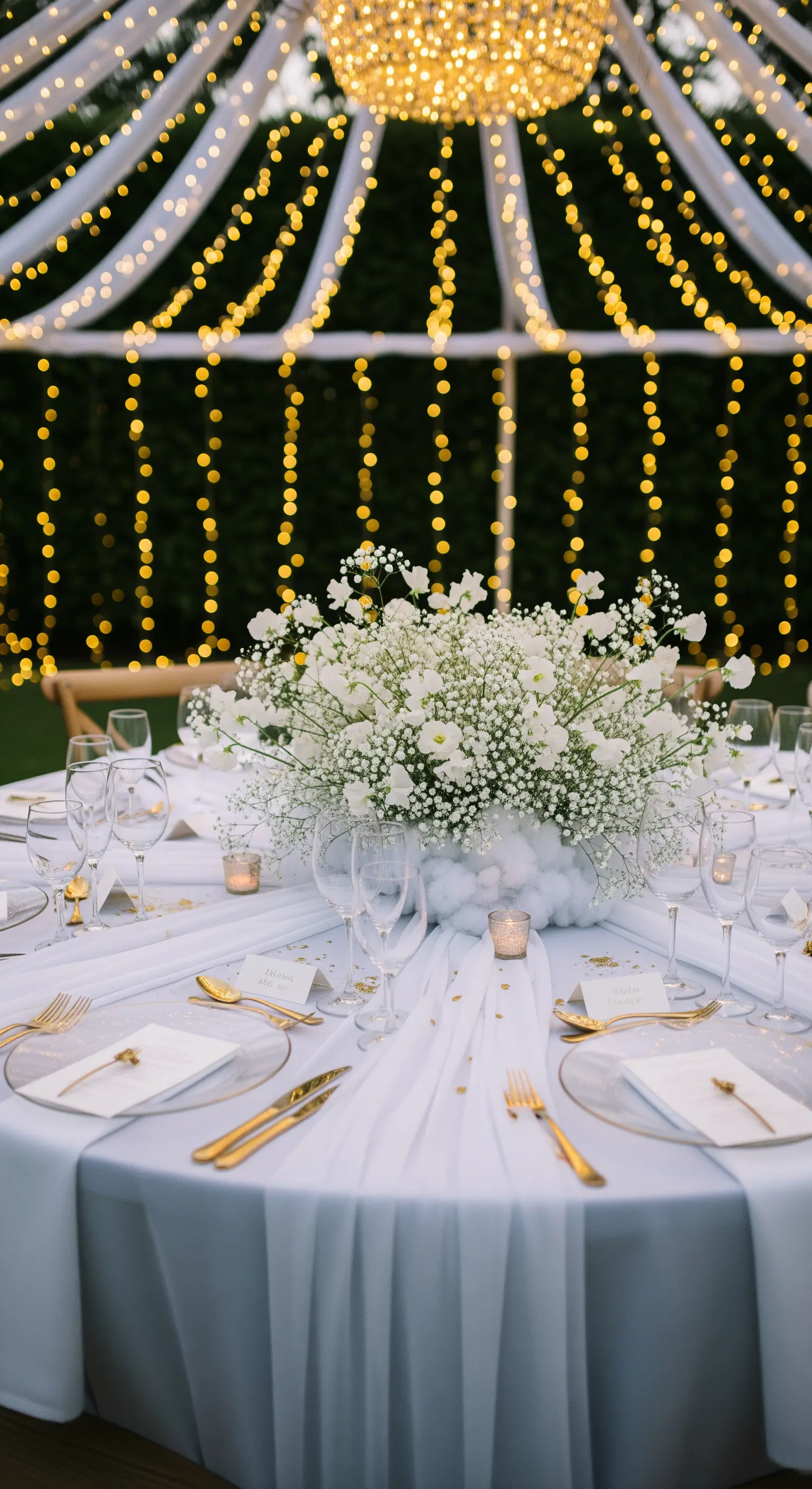 Tavola rotonda sotto un tetto di lucine, con fiori di gypsophila e dettagli dorati.