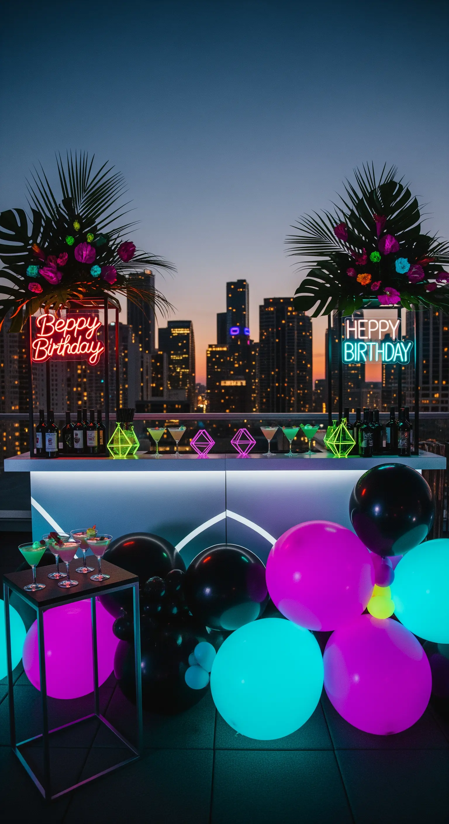 Festa in terrazza con skyline notturno, insegne al neon e palloncini luminosi colorati.