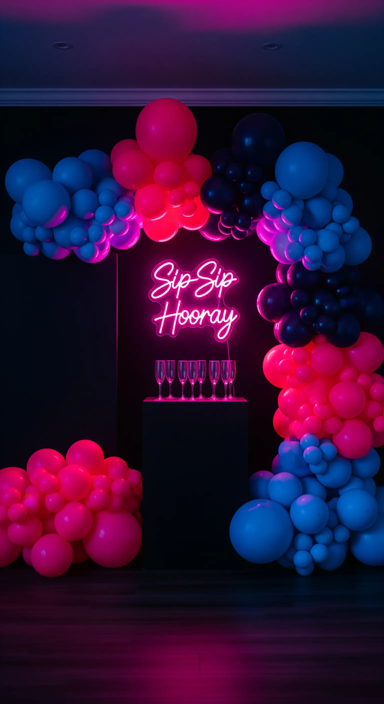Arco di palloncini blu e fucsia con scritta al neon rosa su sfondo nero.