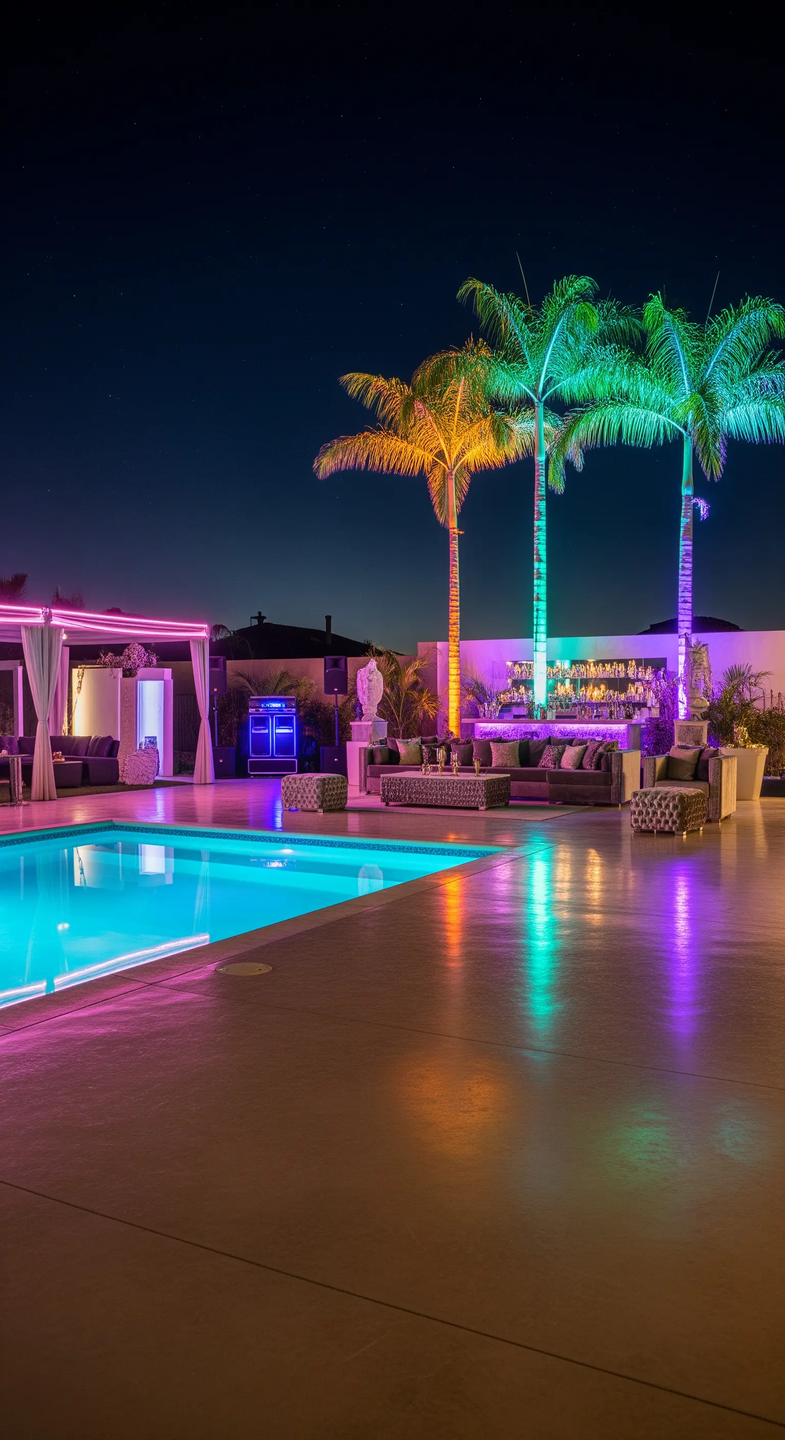Piscina e palme illuminate con luci a LED colorate (viola, verde, giallo) di notte