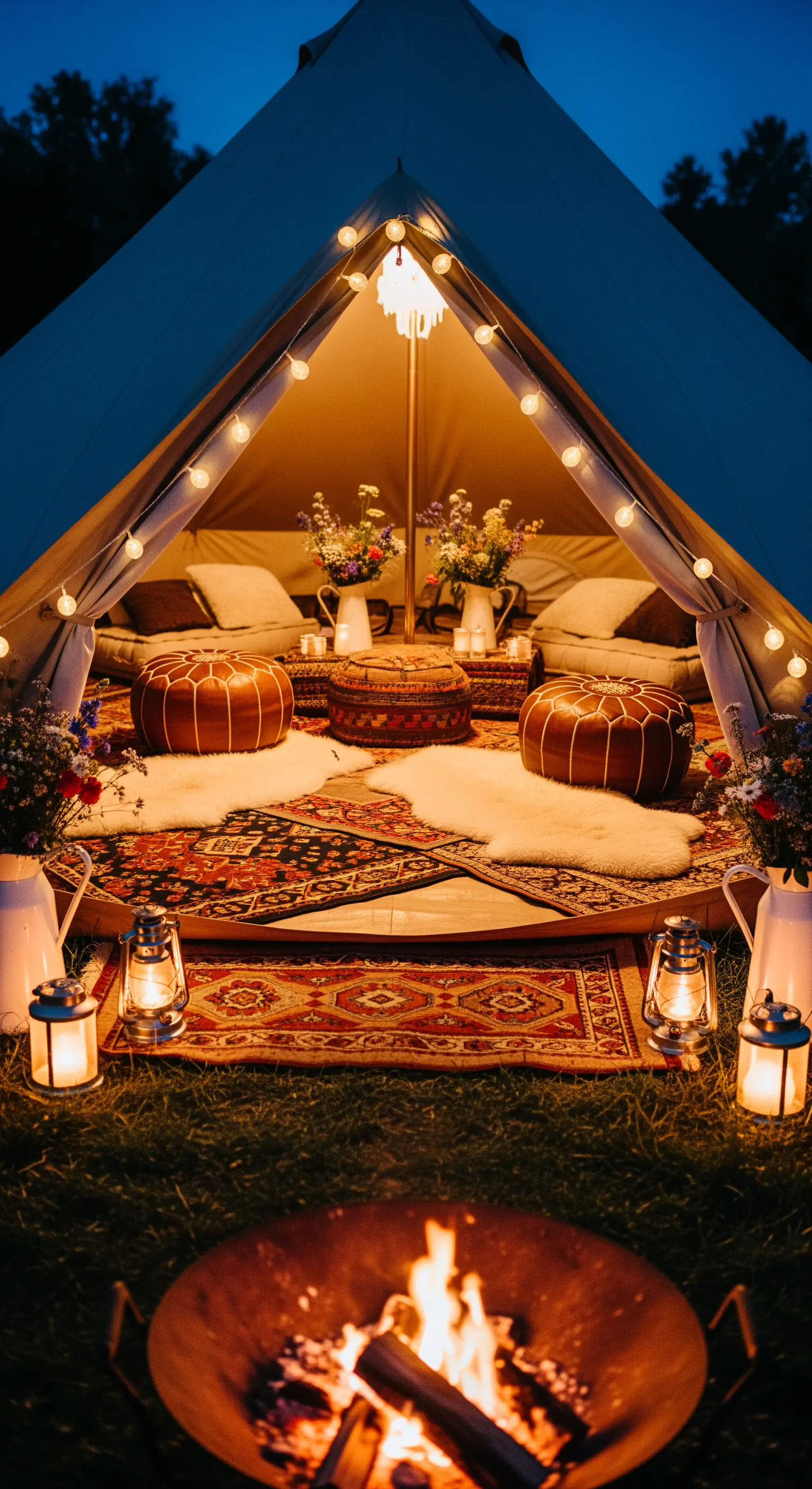 Ingresso di una tenda glamping illuminata da lucine e lanterne, con braciere acceso.