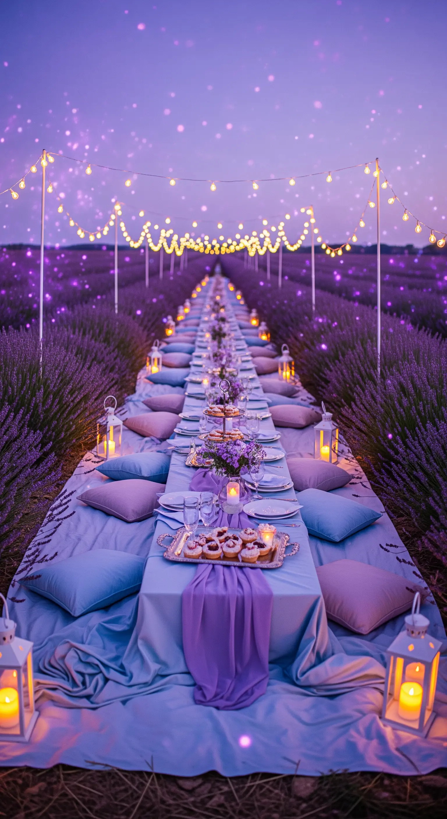 Lungo tavolo da picnic in un campo di lavanda, illuminato da fili di luci e lanterne.