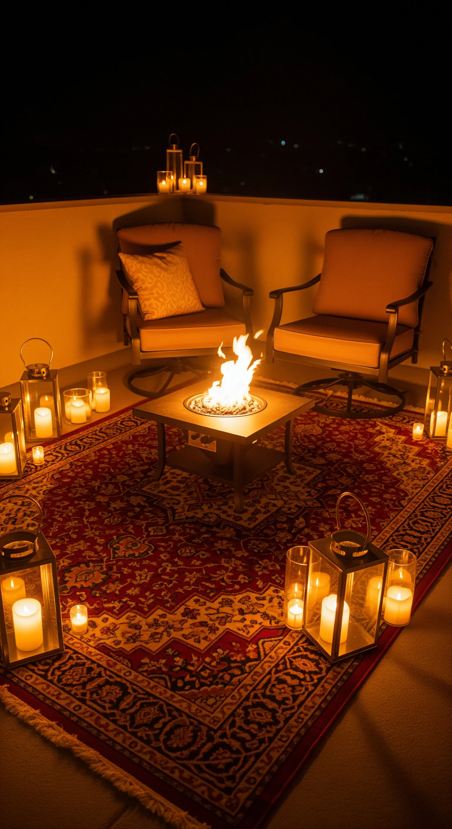 Terrazza di notte con braciere acceso, poltrone e lanterne disposte su un tappeto rosso.