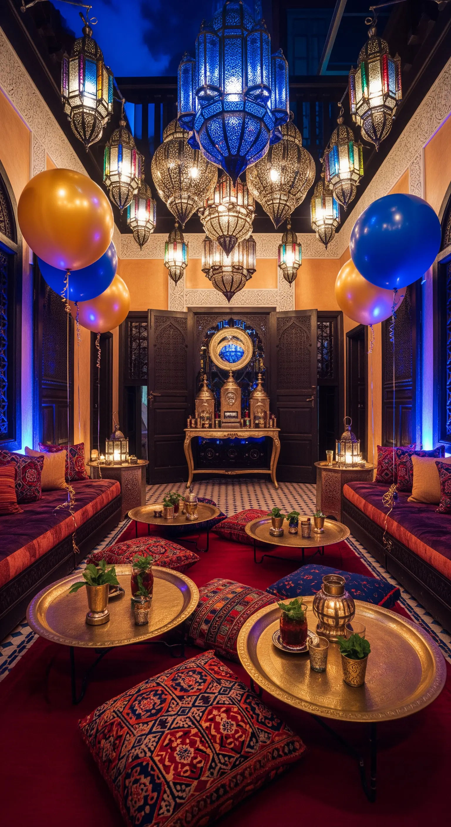 Salotto in stile marocchino con lanterne, cuscini colorati e palloncini blu e oro.