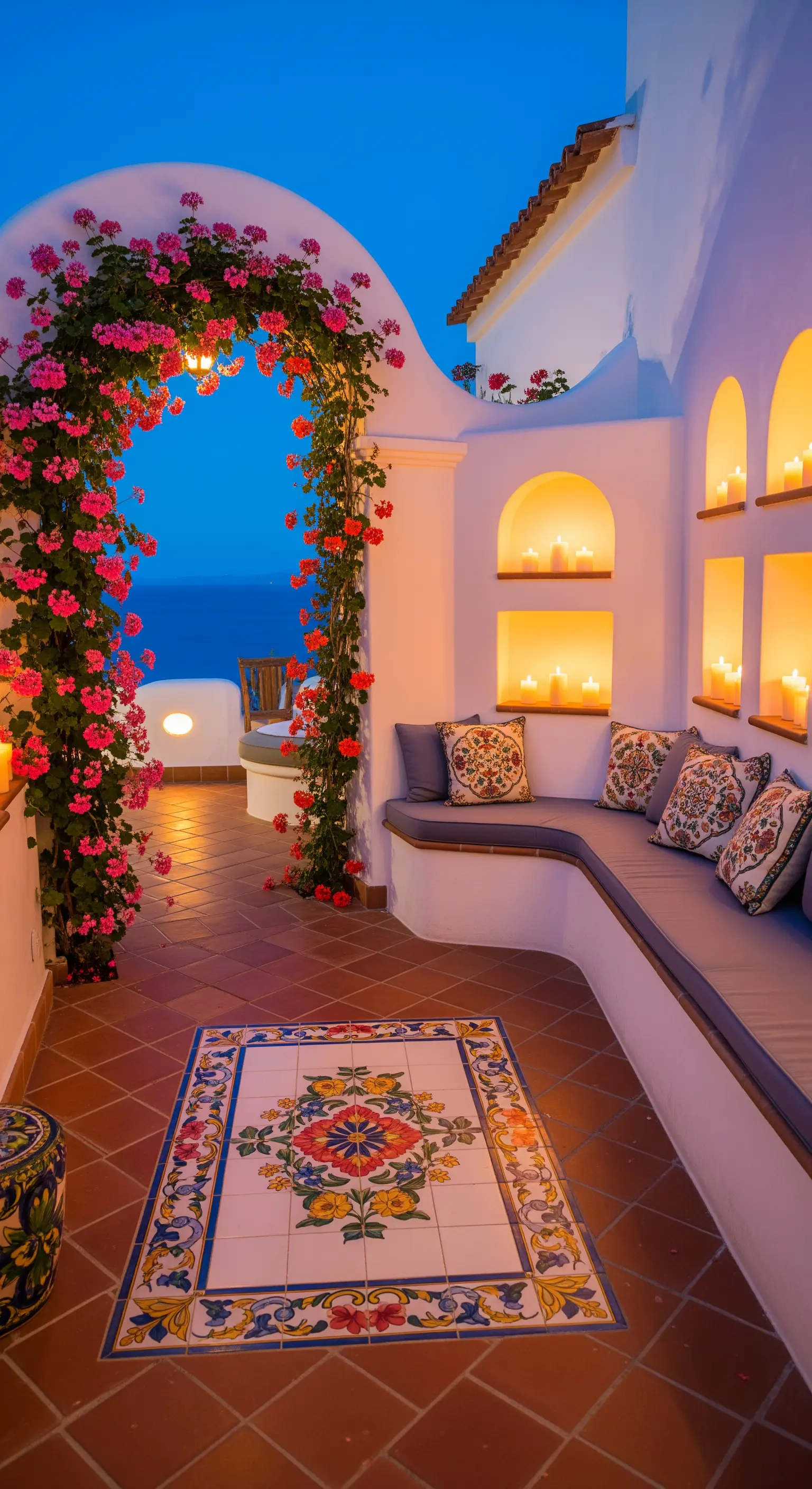 Terrazza mediterranea con arco di gerani, sedute in muratura e candele nelle nicchie.