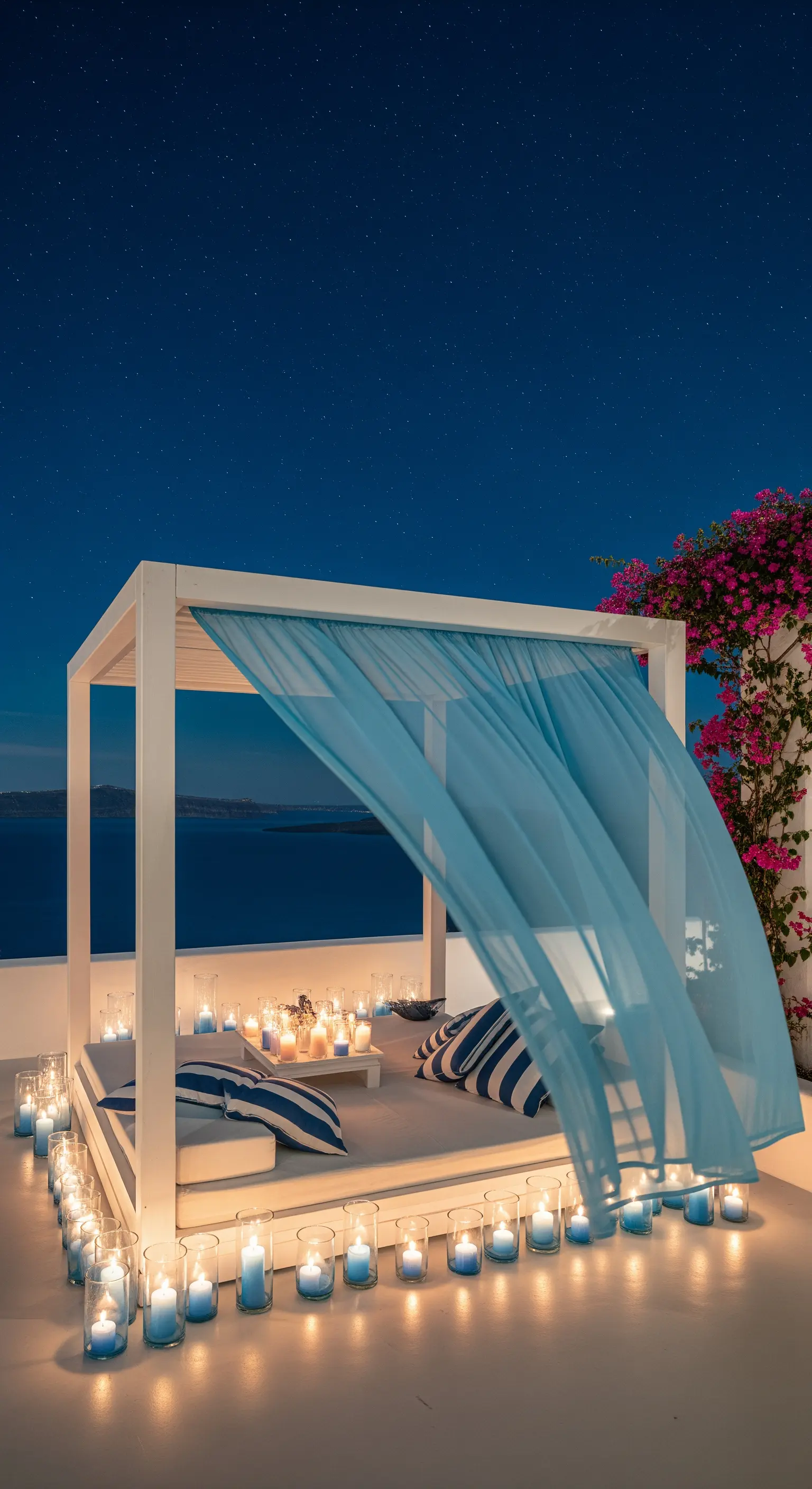 Gazebo bianco minimalista con daybed, tende azzurre e candele blu su una terrazza sul mare.