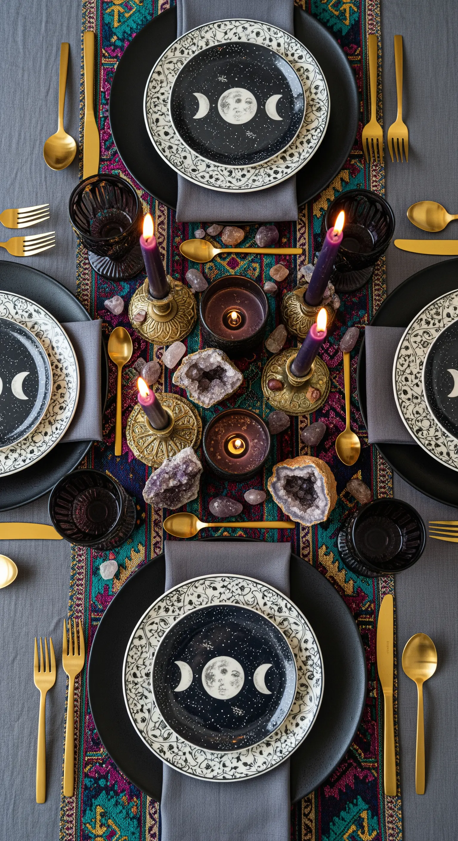 Tavola a tema mistico con piatti con la luna, ametiste, candele viola e posate dorate