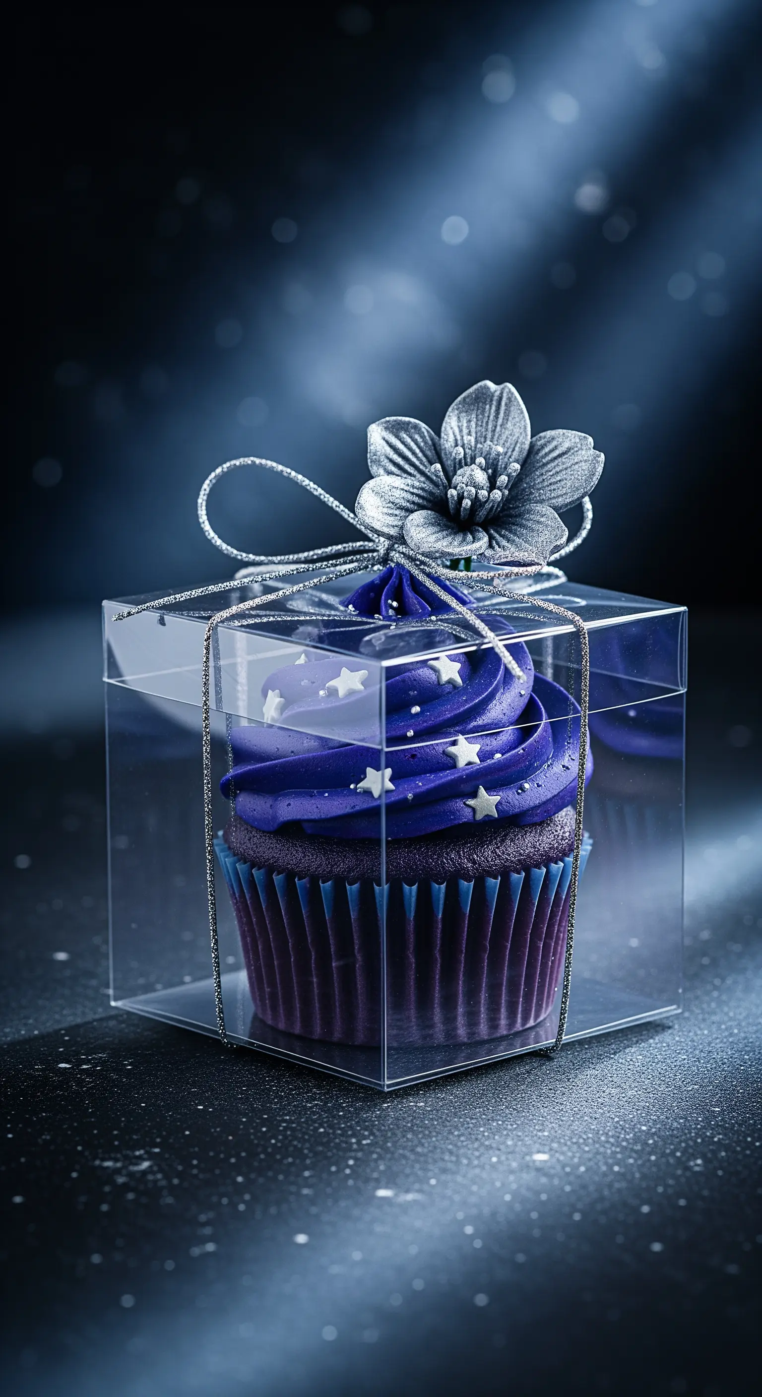 Cupcake viola con stelle argentate, legato con un cordino d'argento e un fiore metallico.
