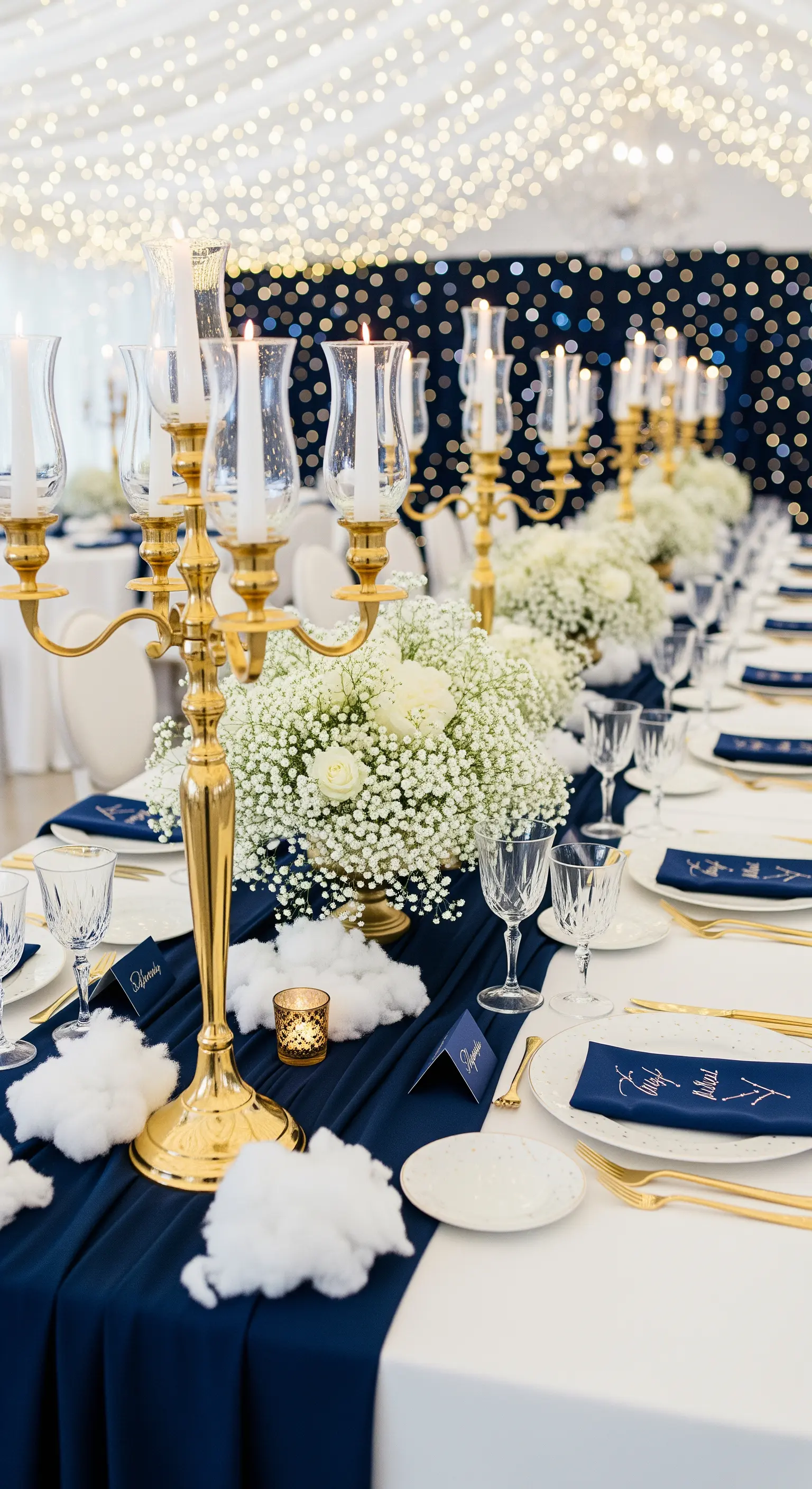 Tavola blu notte con dettagli dorati, nuvole di cotone e sfondo di lucine.