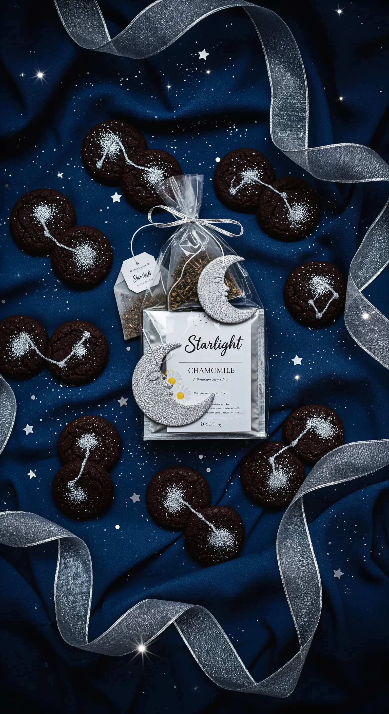 Biscotti al cacao a tema costellazione e tè alla camomilla con ciondolo a forma di luna.