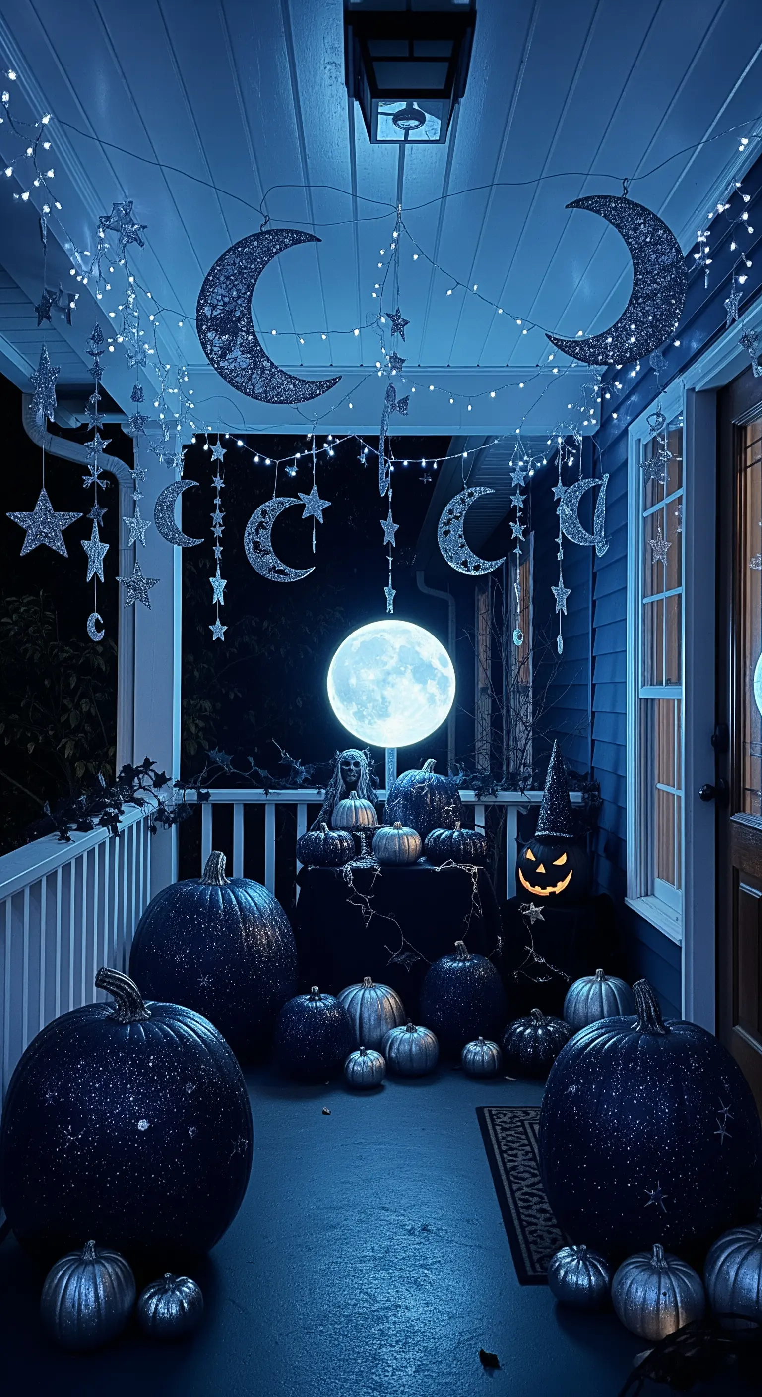 Portico decorato a tema celestiale con lune e stelle argentate, e una grande luna illuminata.