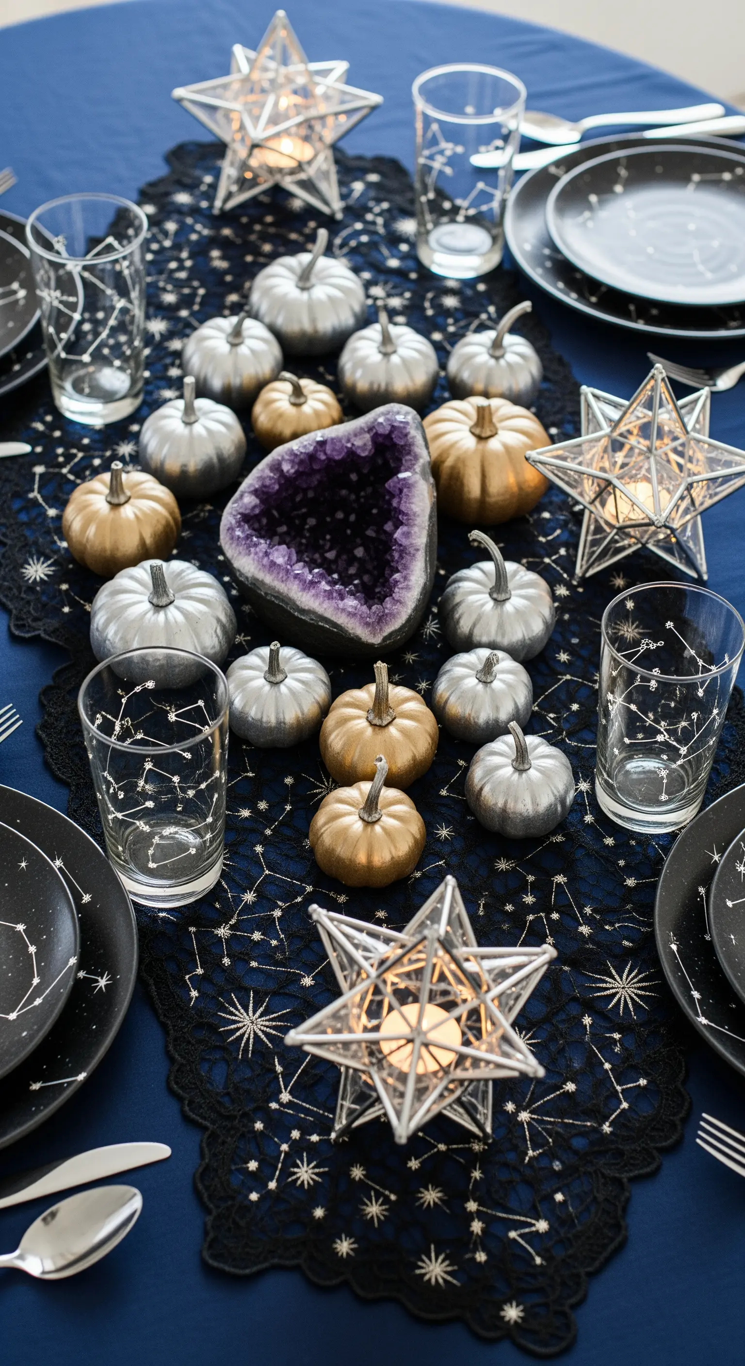 Tavola a tema celestiale per Halloween con zucche metalliche e geode.