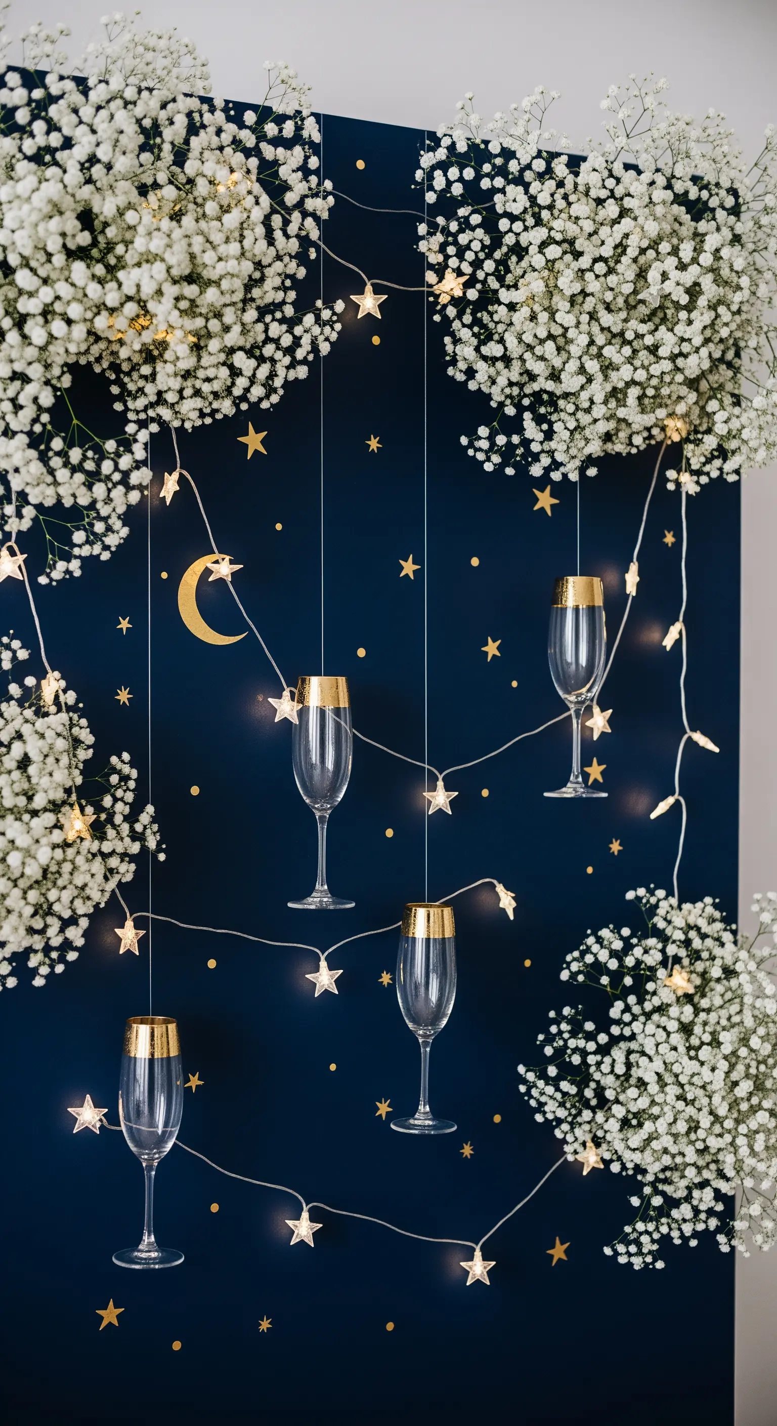 Parete blu notte con luci a forma di stella, luna dorata e nuvole di gypsophila.