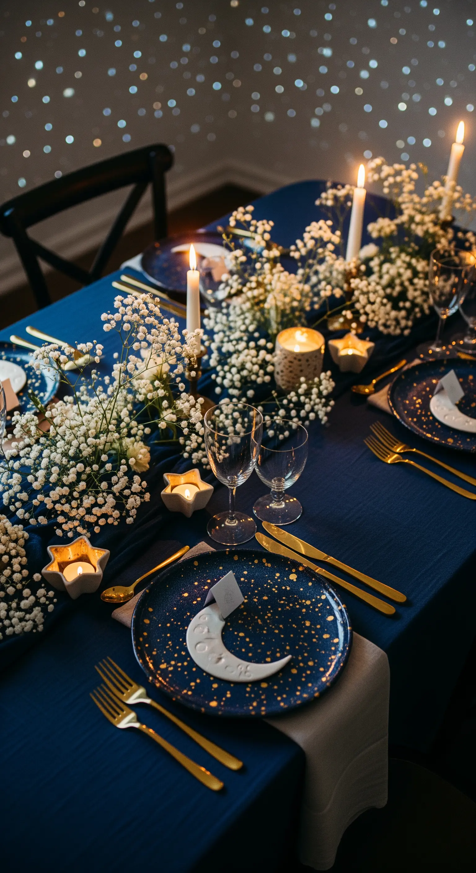 Tavola a tema celestiale con tovaglia blu, piatti stellati, candele e segnaposto a forma di luna.