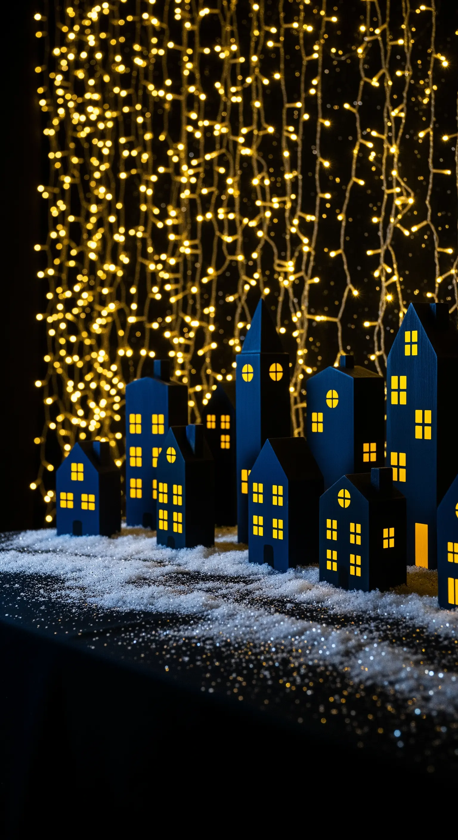 Silhouette di un villaggio blu scuro con finestre illuminate da dietro su un letto di neve.